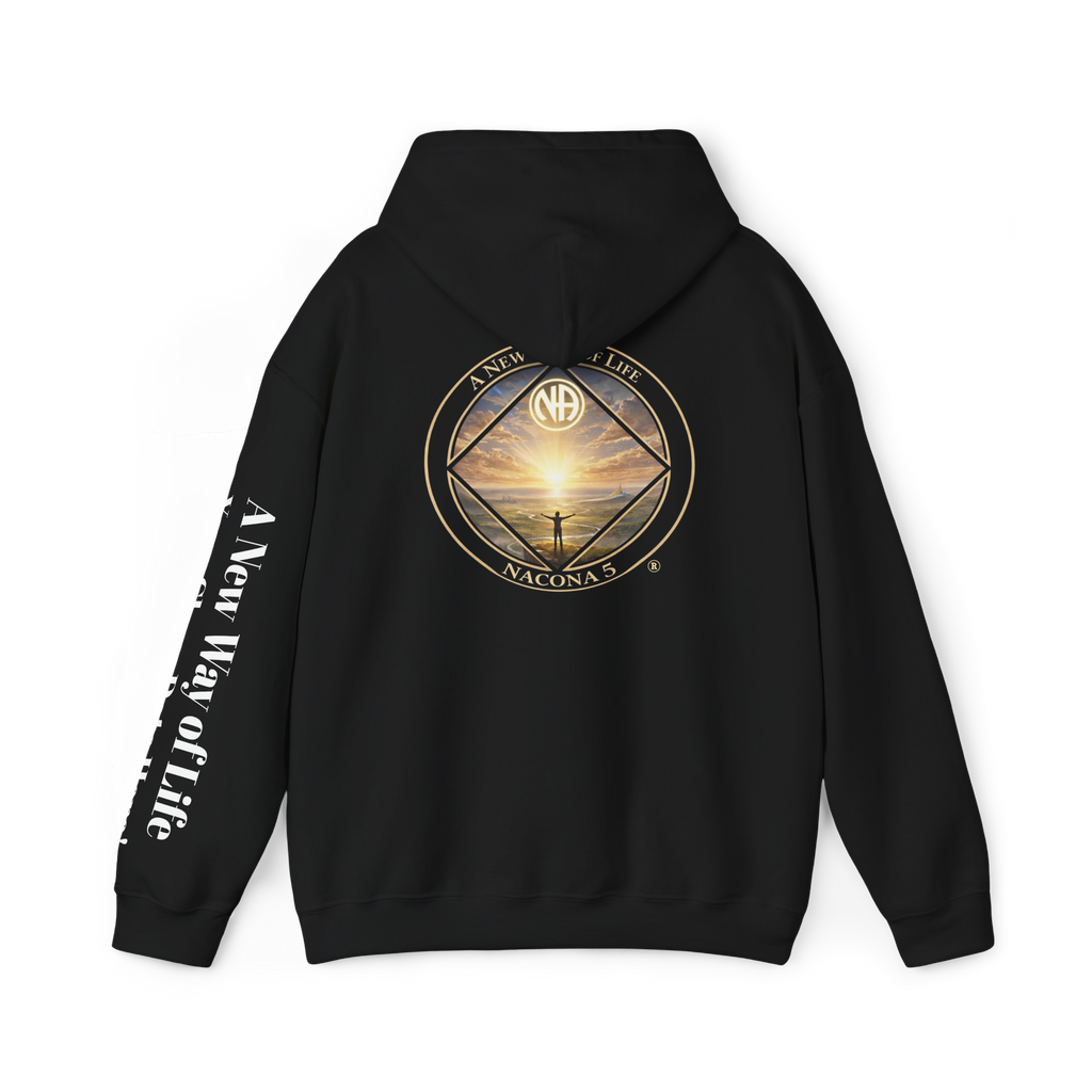 A black hoodie with the Northern Arizona Convention of Narcotics Anonymous (NACONA) 5 logo on the back and 'A New Way of Life' with customers personal clean date on the left sleeve 