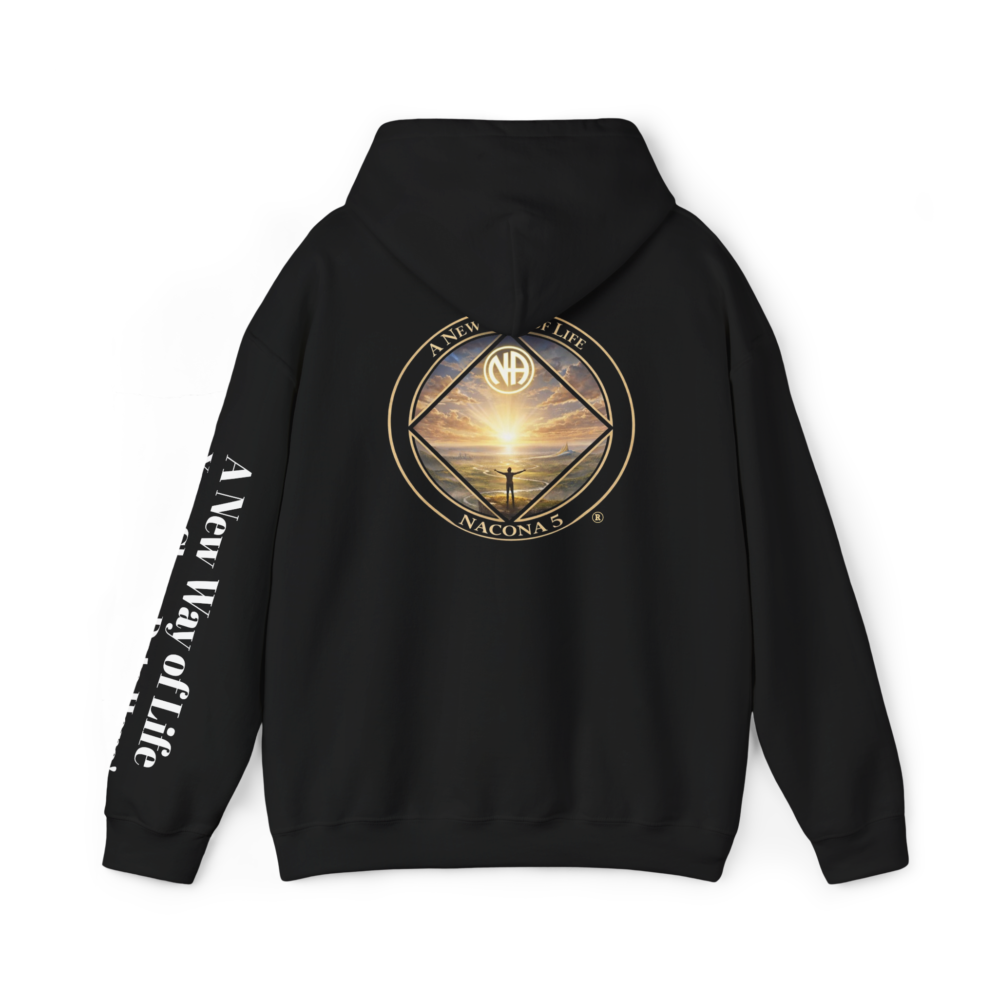 A black hoodie with the Northern Arizona Convention of Narcotics Anonymous (NACONA) 5 logo on the back and 'A New Way of Life' with customers personal clean date on the left sleeve 