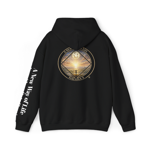 A black hoodie with the Northern Arizona Convention of Narcotics Anonymous (NACONA) 5 logo on the back and 'A New Way of Life' with customers personal clean date on the left sleeve 
