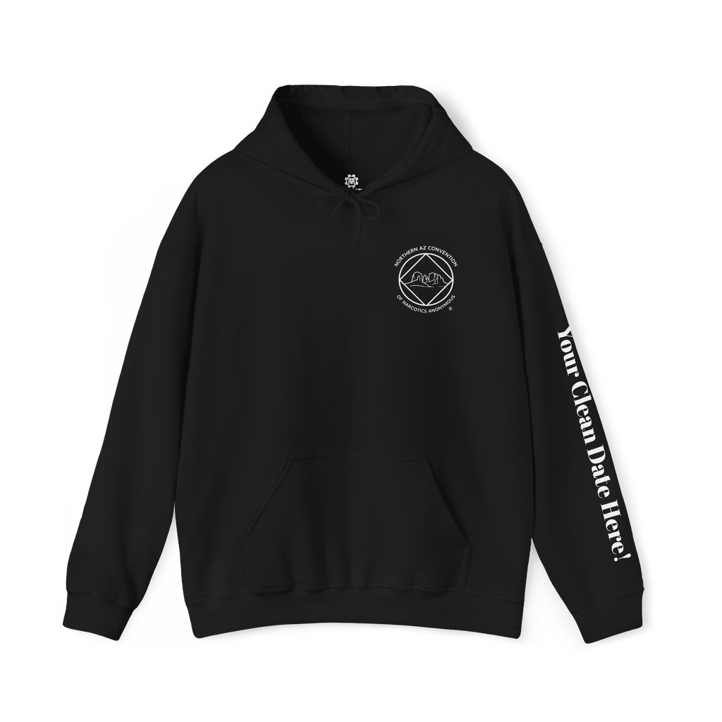 A black hoodie with the Northern Arizona Convention of Narcotics Anonymous (NACONA) 5 logo on the front and 'A New Way of Life' with customers personal clean date on the left sleeve 