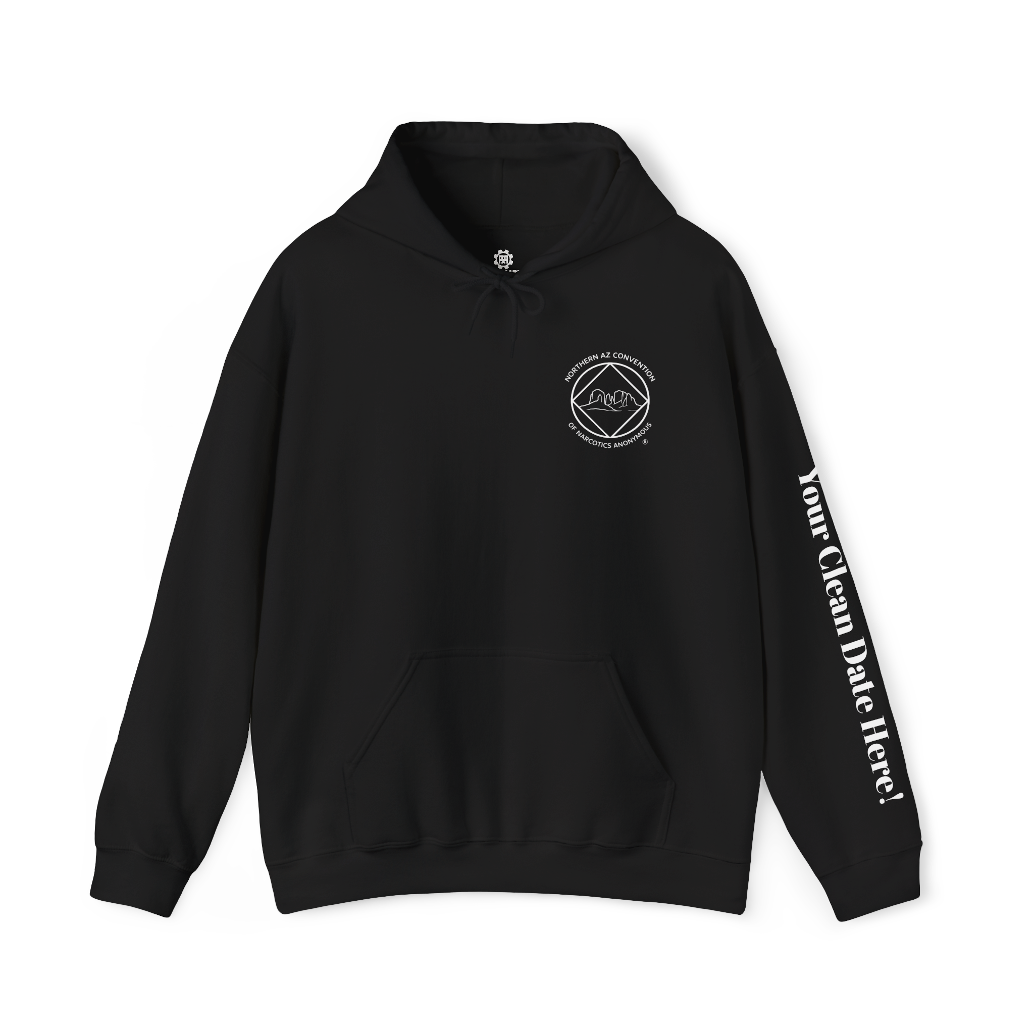 A black hoodie with the Northern Arizona Convention of Narcotics Anonymous (NACONA) 5 logo on the front and 'A New Way of Life' with customers personal clean date on the left sleeve 