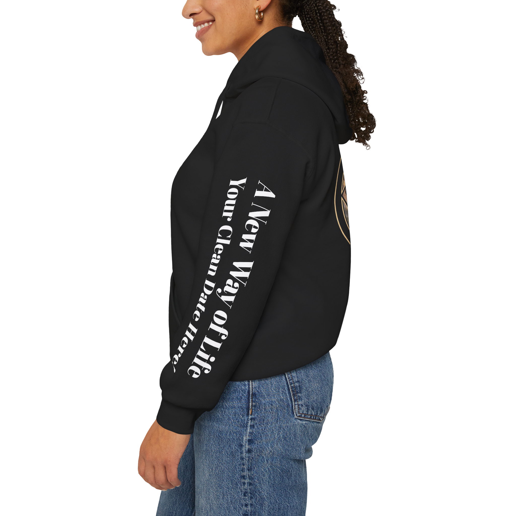 A black hoodie with the Northern Arizona Convention of Narcotics Anonymous (NACONA) 5 logo on the back and 'A New Way of Life' with customers personal clean date on the left sleeve 