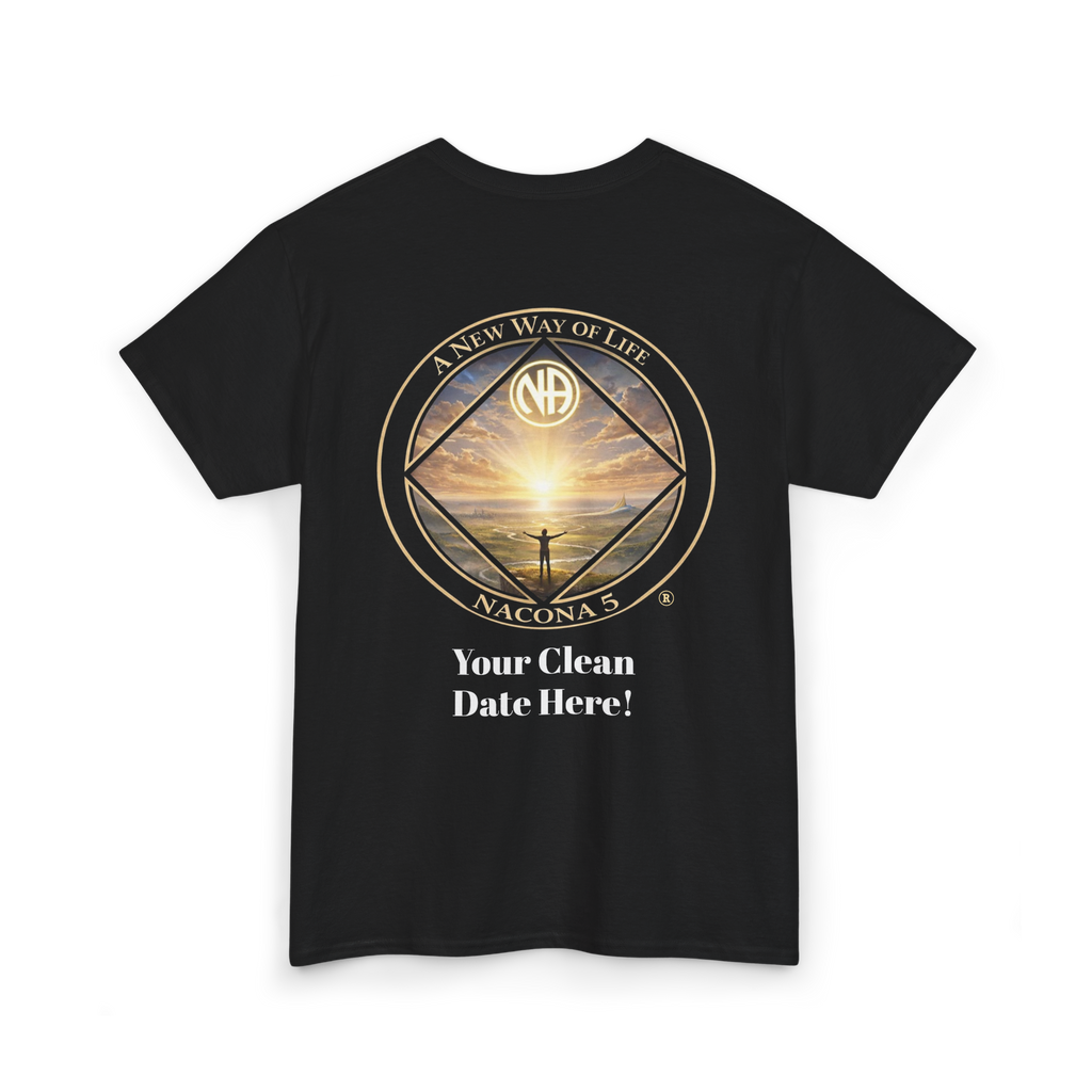 A black t-shirt with the Northern Arizona Convention of Narcotics Anonymous (NACONA) 5 logo on the back and 'A New Way of Life' with customers personal clean date on the back 