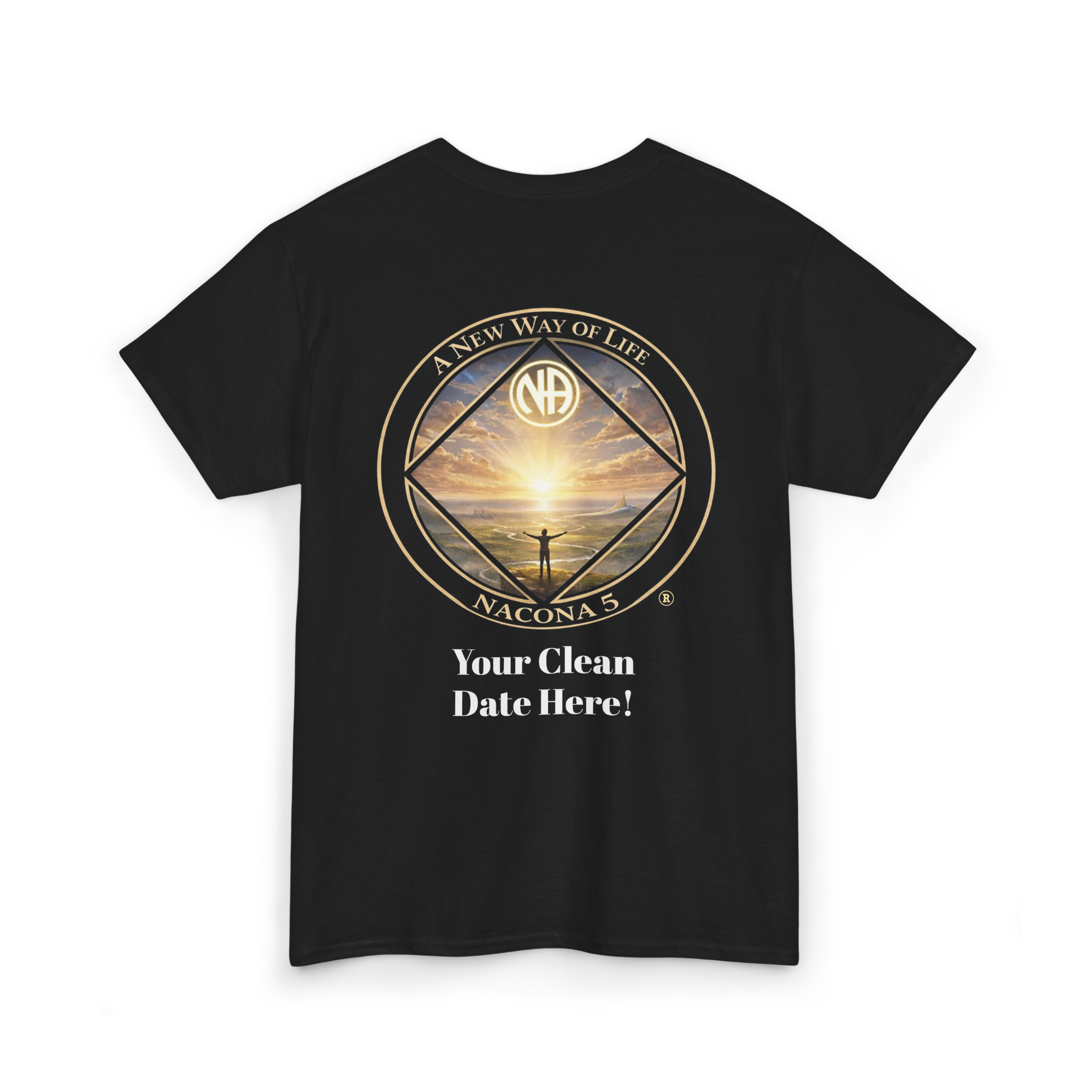 A black t-shirt with the Northern Arizona Convention of Narcotics Anonymous (NACONA) 5 logo on the back and 'A New Way of Life' with customers personal clean date on the back 
