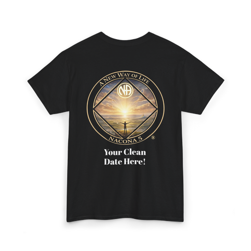 A black t-shirt with the Northern Arizona Convention of Narcotics Anonymous (NACONA) 5 logo on the back and 'A New Way of Life' with customers personal clean date on the back 