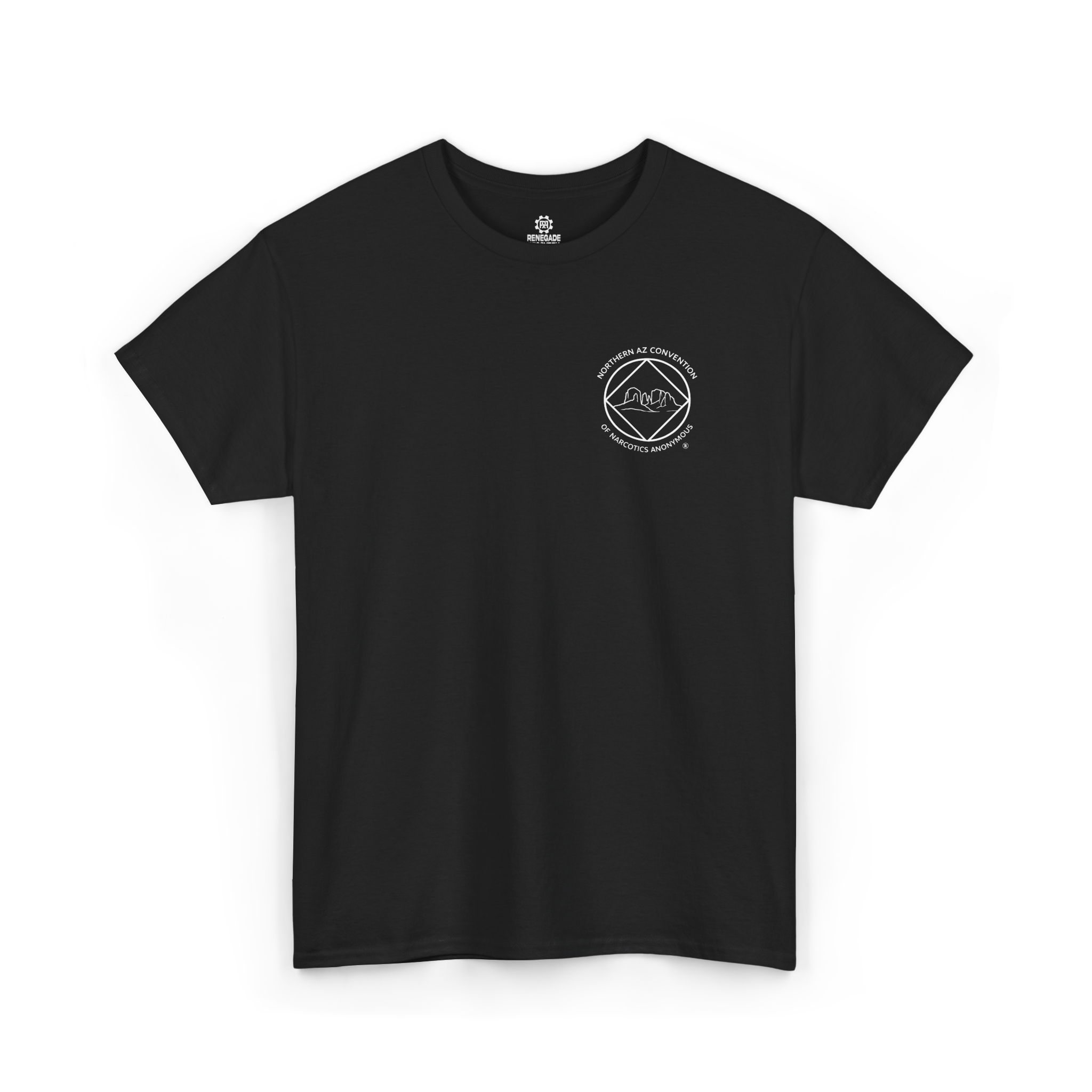 A black t-shirt with the Northern Arizona Convention of Narcotics Anonymous (NACONA) 5 logo on the front