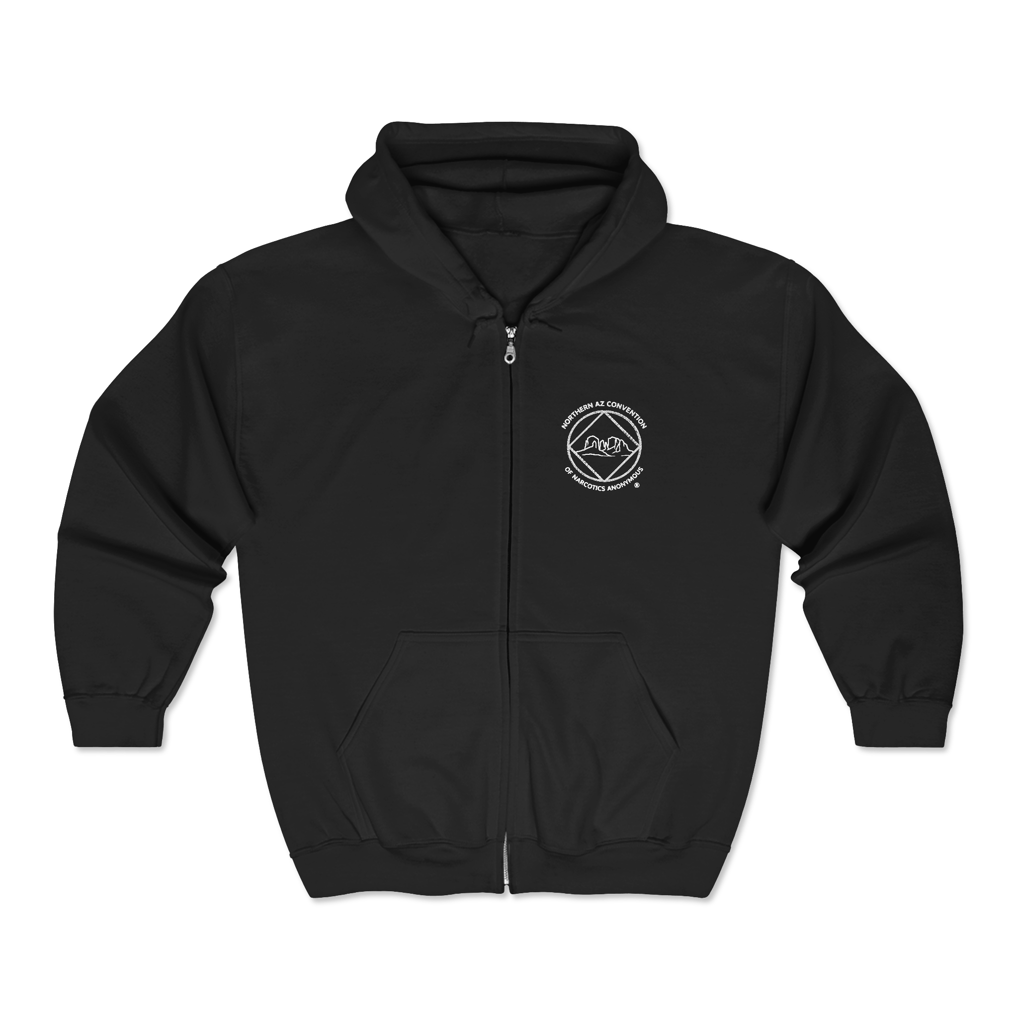 Black zipper hoodies with the Northern Arizona Convention of Narcotics Anonymous (NACONA) 5 logo embroidered on the left chest 