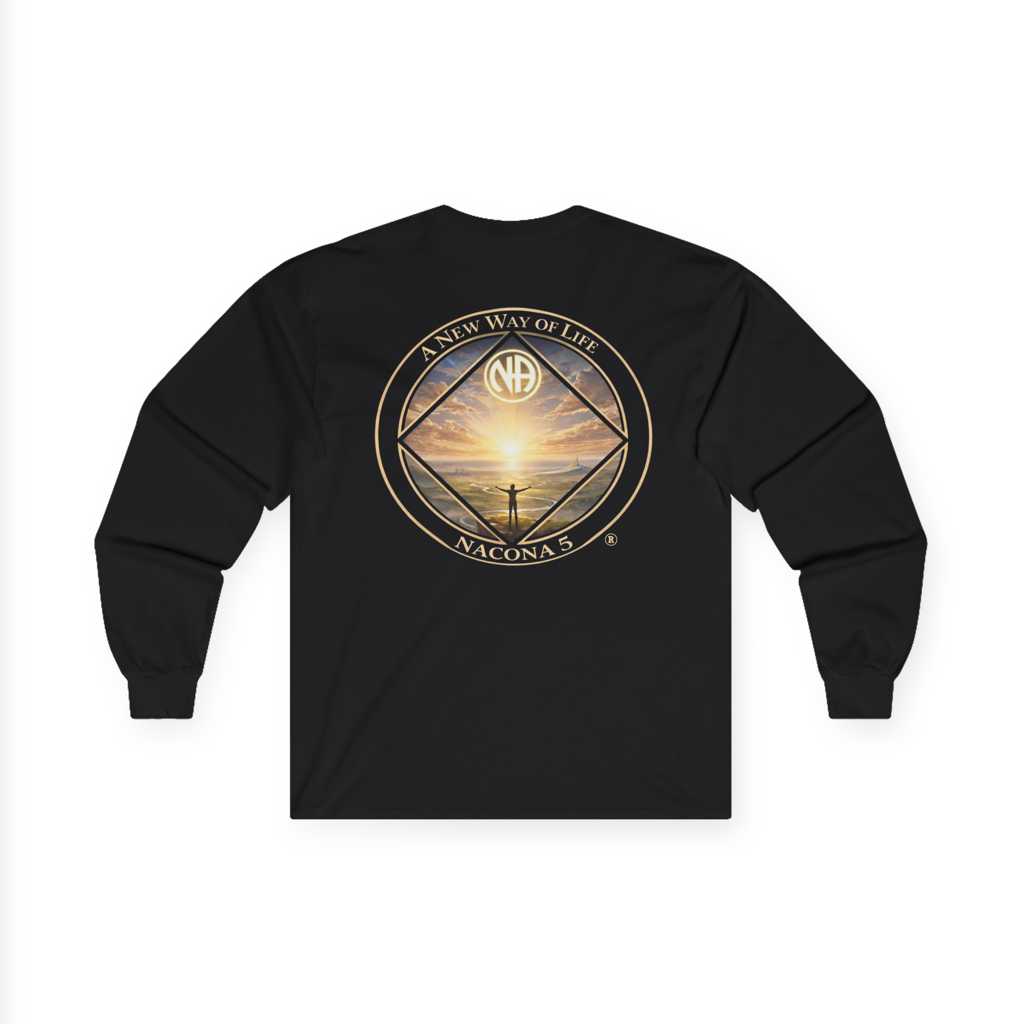 Black long sleeve shirt with the Northern Arizona Convention of Narcotics Anonymous (NACONA) 5 logo on the back 