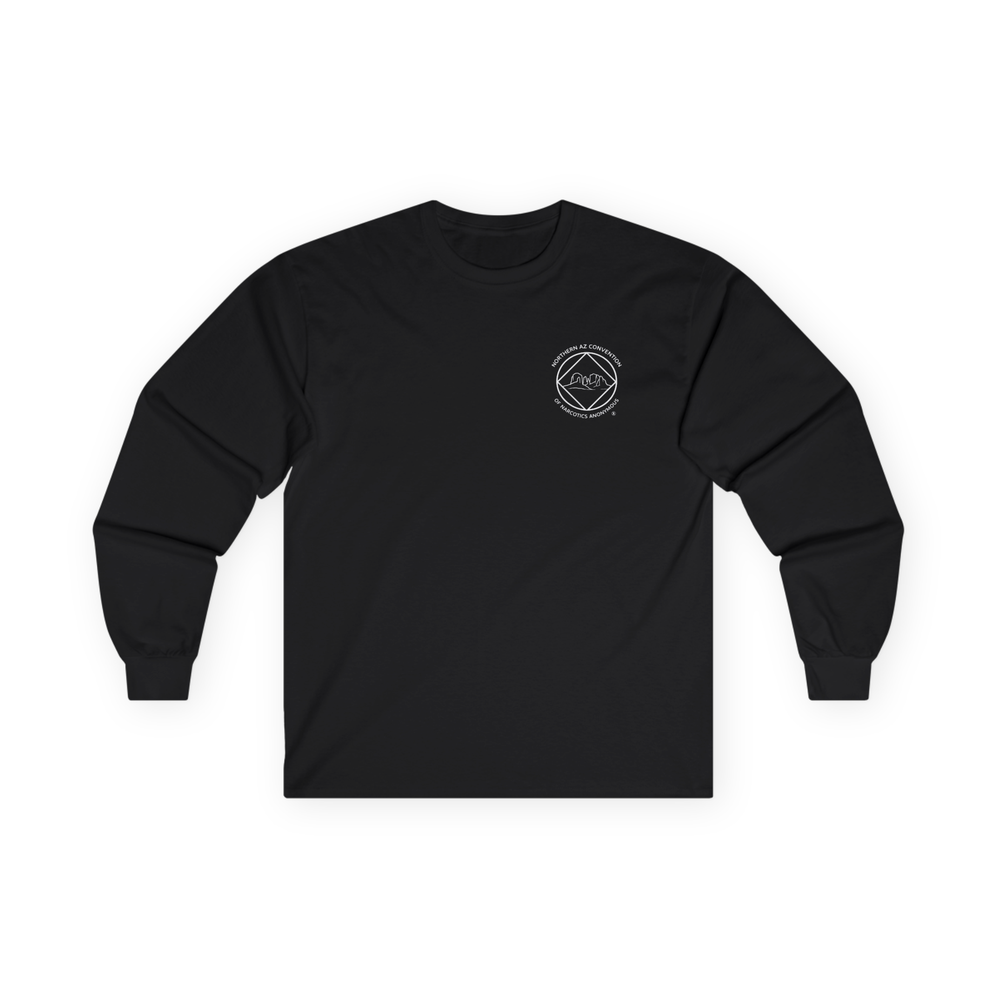 Black long sleeve shirt with the Northern Arizona Convention of Narcotics Anonymous (NACONA) 5 logo on the front left