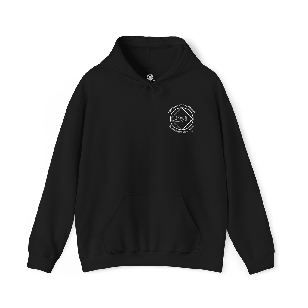 Black pull over hoodie with the Northern Arizona Convention of Narcotics Anonymous (NACONA) 5 logo on the front left