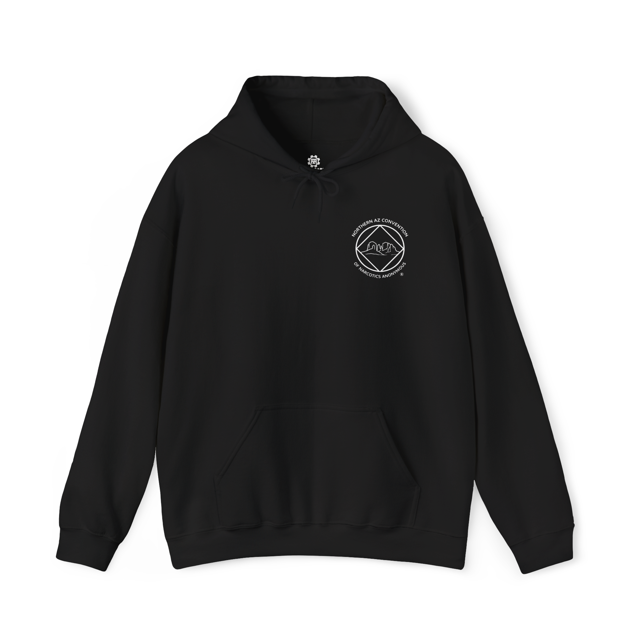 Black pull over hoodie with the Northern Arizona Convention of Narcotics Anonymous (NACONA) 5 logo on the front left