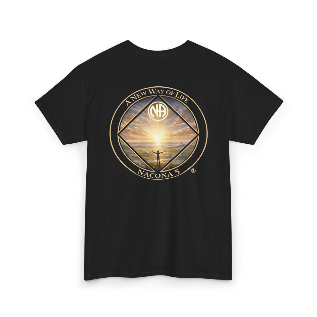 Black t-shirt with the Northern Arizona Convention of Narcotics Anonymous (NACONA) 5 logo on the back