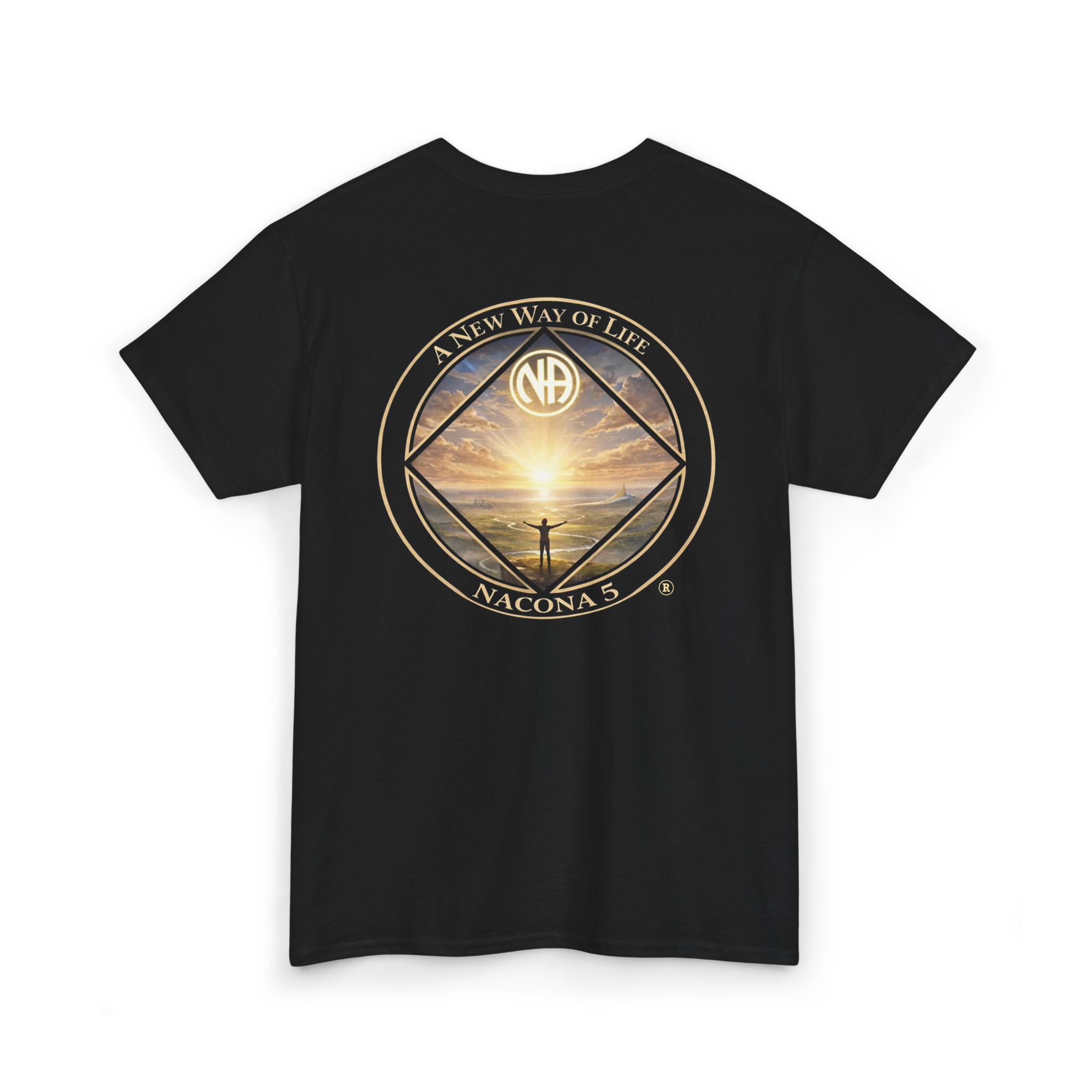 Black t-shirt with the Northern Arizona Convention of Narcotics Anonymous (NACONA) 5 logo on the back
