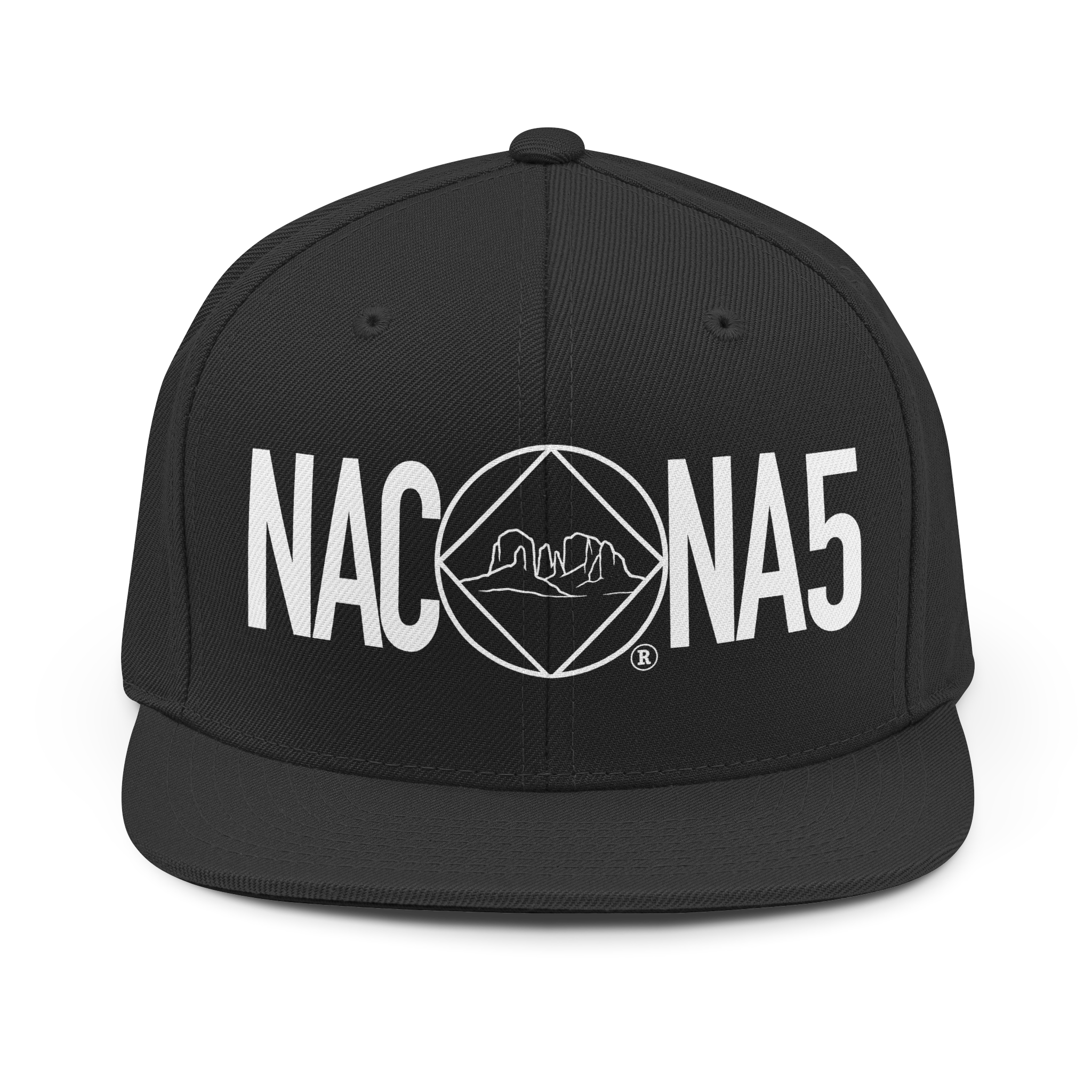 Black 6 panel snap back cap with the Northern Arizona Convention of Narcotics Anonymous (NACONA) 5 logo and lettering across the front