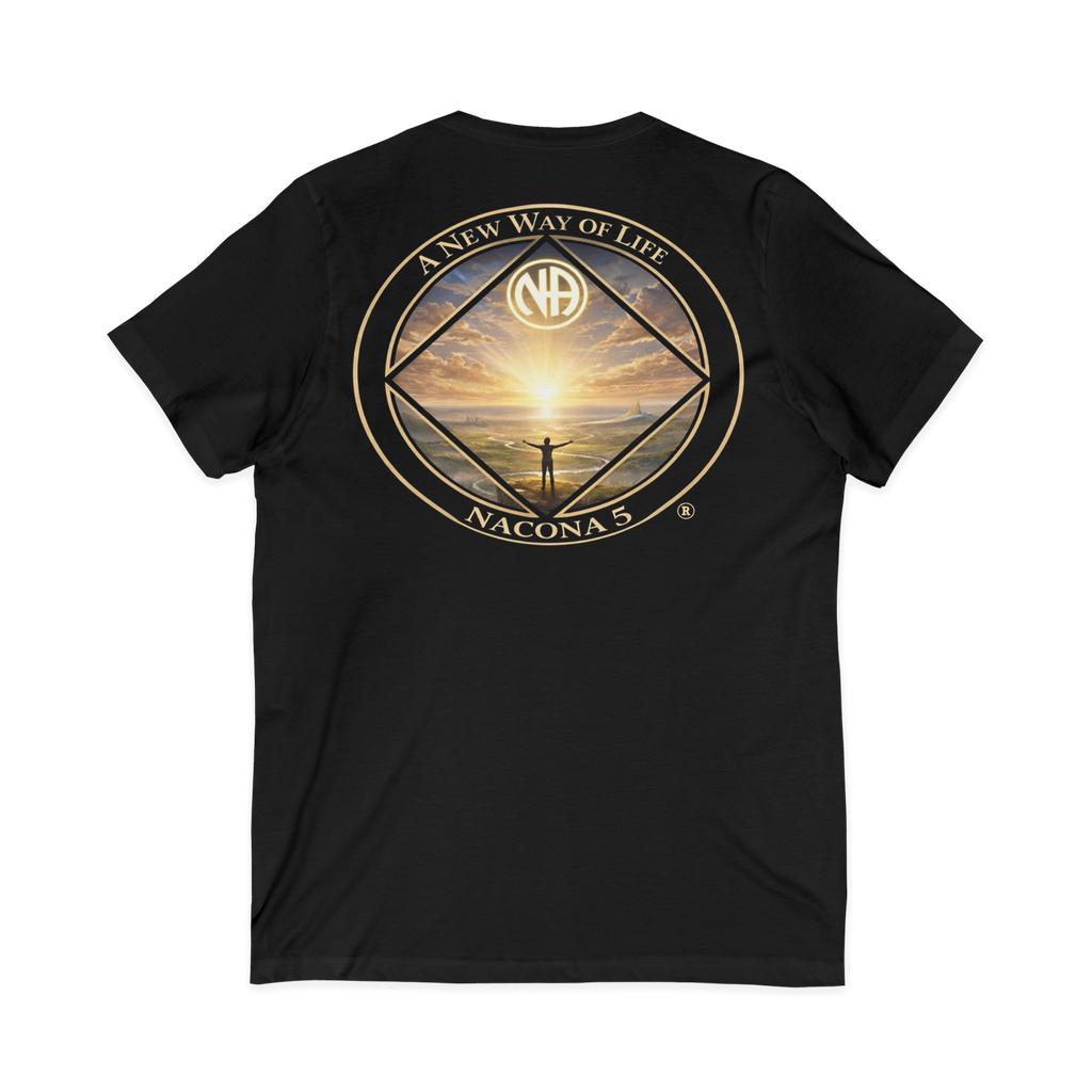 A black unisex womens v-neck shirt with the Northern Arizona Convention of Narcotics Anonymous (NACONA) 5 logo on the back