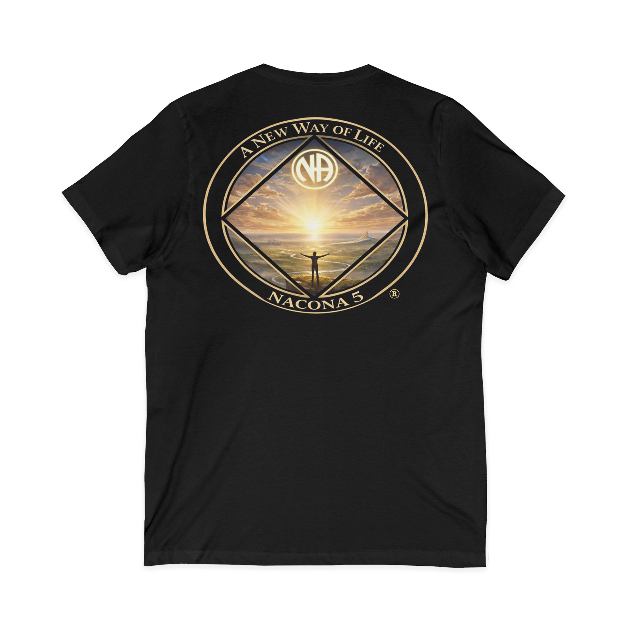 A black unisex womens v-neck shirt with the Northern Arizona Convention of Narcotics Anonymous (NACONA) 5 logo on the back