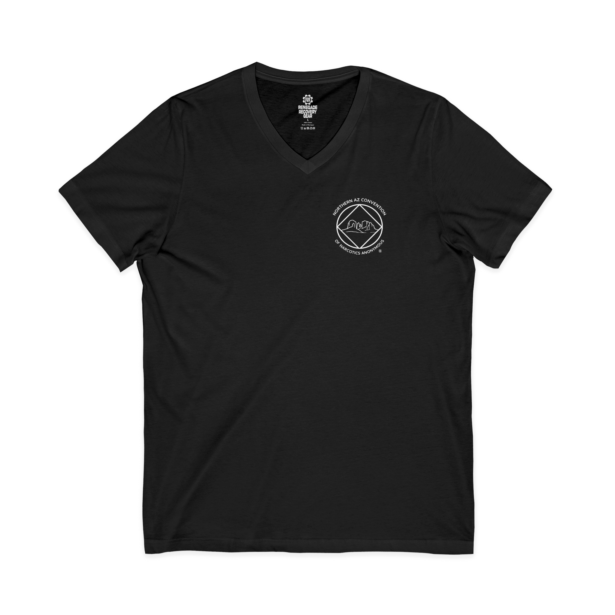A black unisex womens v-neck shirt with the Northern Arizona Convention of Narcotics Anonymous (NACONA) 5 logo on the front 