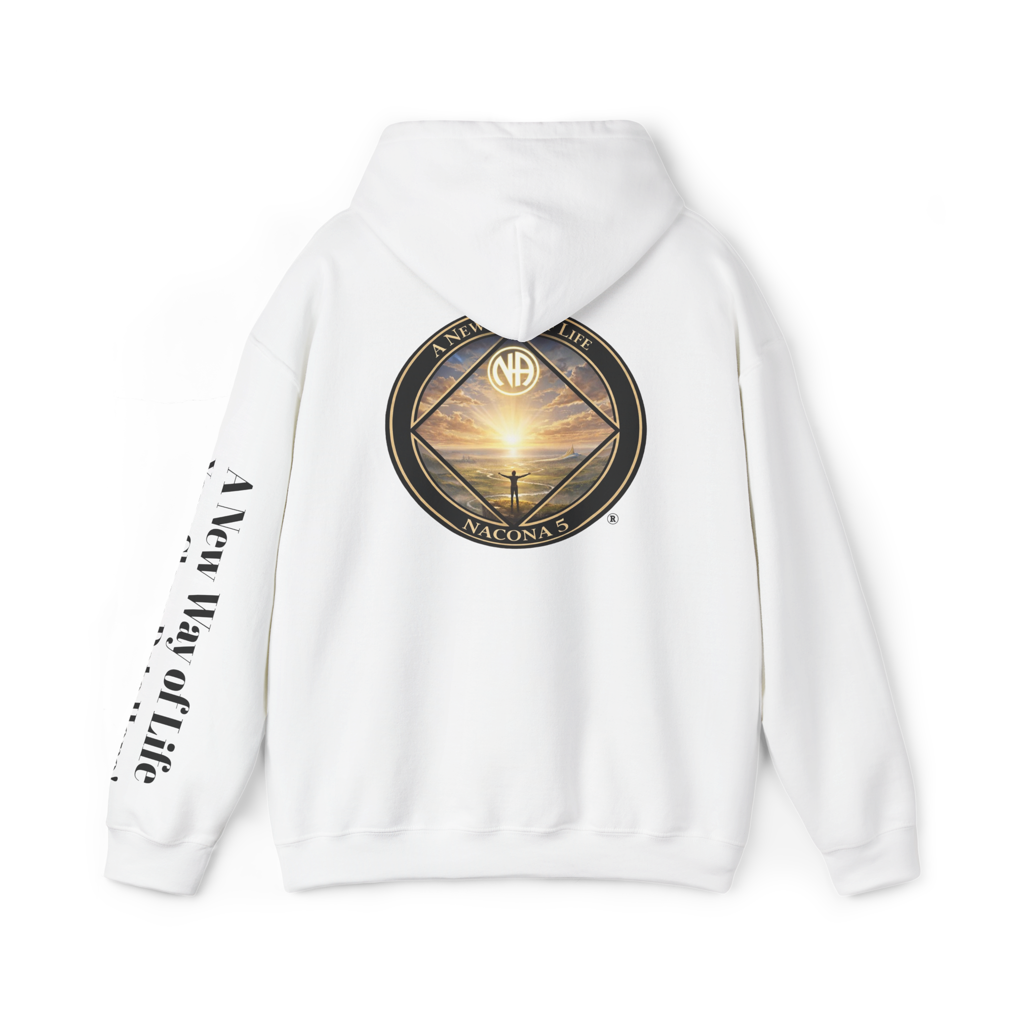 A white hoodie with the Northern Arizona Convention of Narcotics Anonymous (NACONA) 5 logo on the back and 'A New Way of Life' with customers personal clean date on the left sleeve 