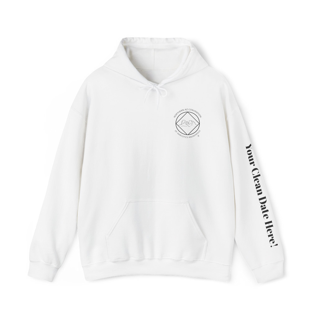 A white hoodie with the Northern Arizona Convention of Narcotics Anonymous (NACONA) 5 logo on the front and 'A New Way of Life' with customers personal clean date on the left sleeve 