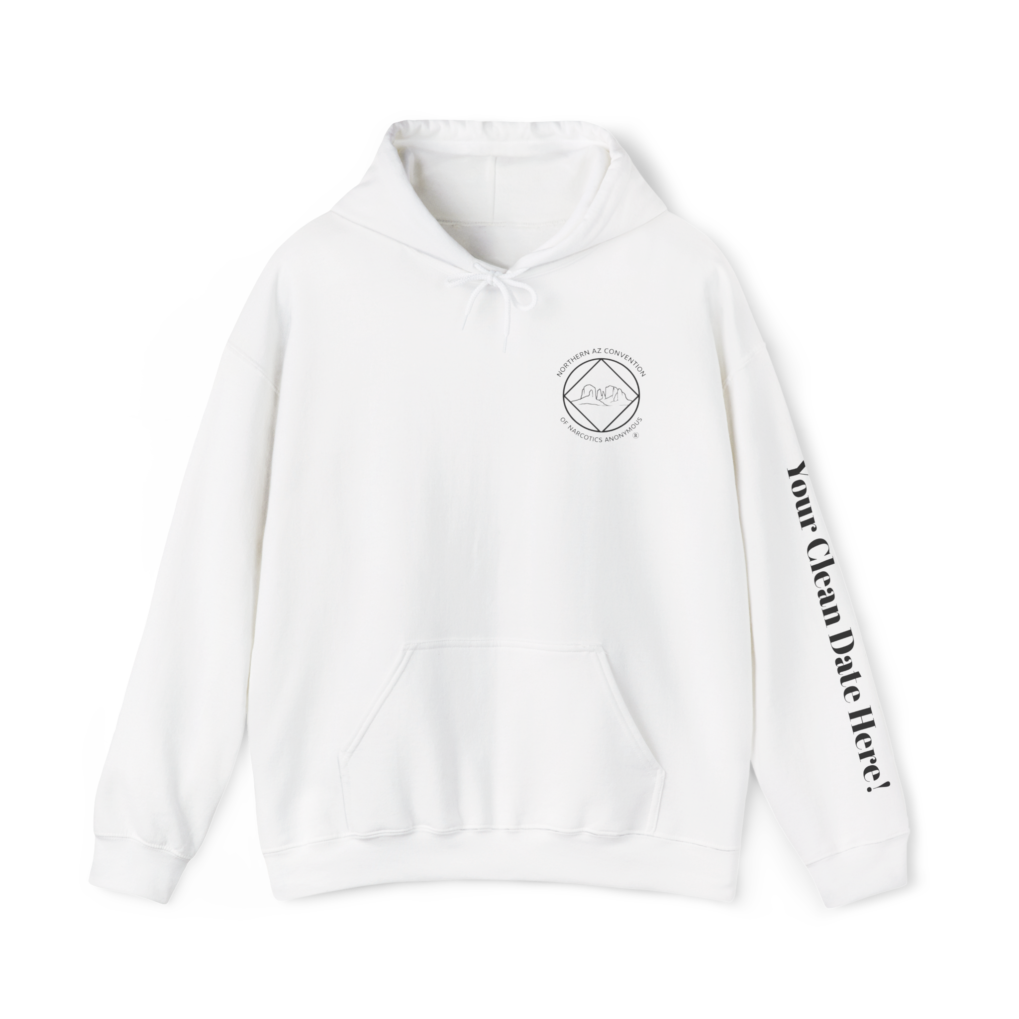 A white hoodie with the Northern Arizona Convention of Narcotics Anonymous (NACONA) 5 logo on the front and 'A New Way of Life' with customers personal clean date on the left sleeve 