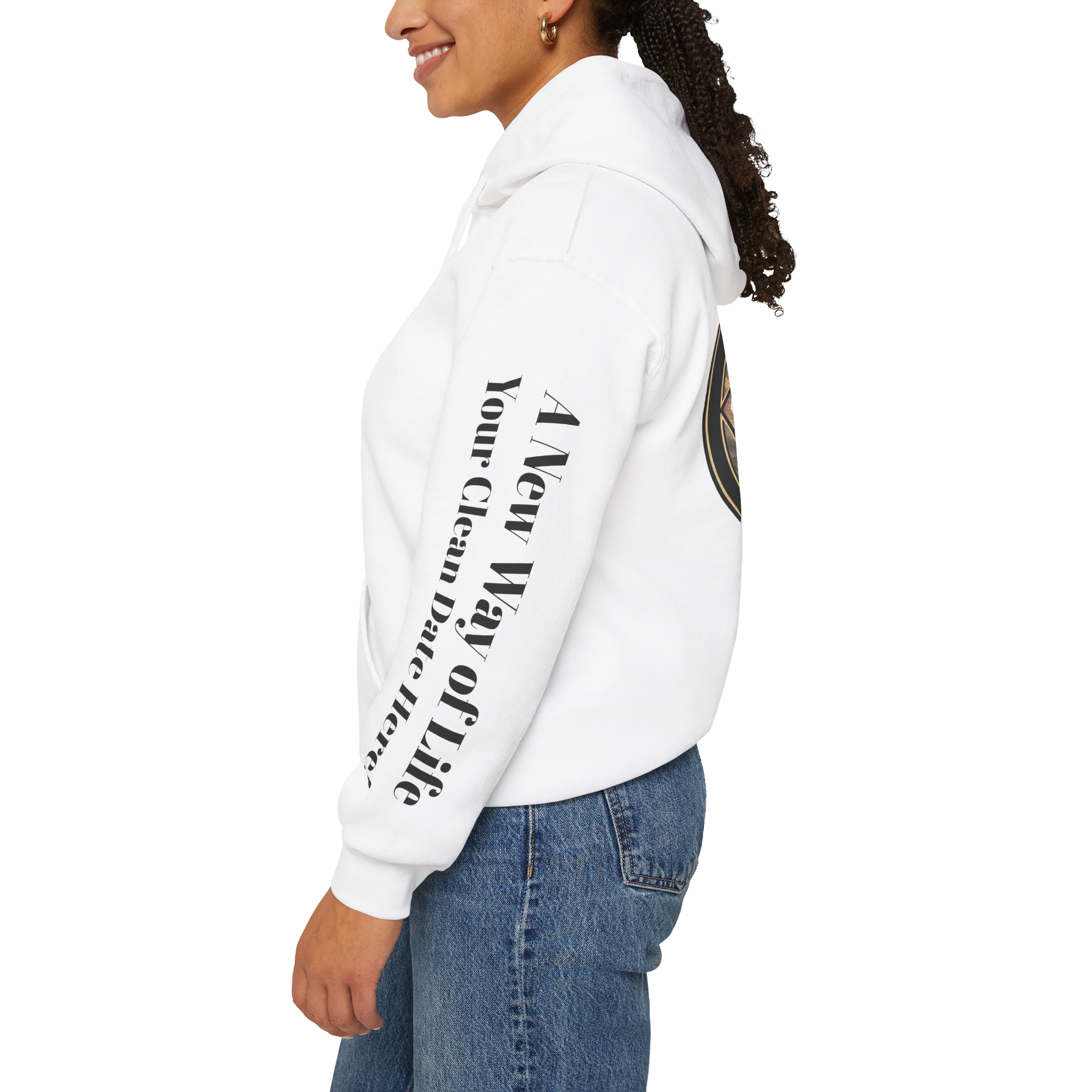 A white hoodie with the Northern Arizona Convention of Narcotics Anonymous (NACONA) 5 logo on the back and 'A New Way of Life' with customers personal clean date on the left sleeve 