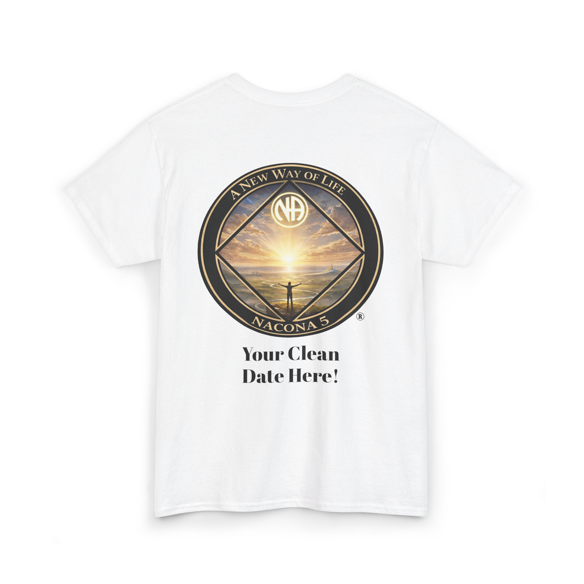 A white t-shirt with the Northern Arizona Convention of Narcotics Anonymous (NACONA) 5 logo on the back and 'A New Way of Life' with customers personal clean date on the back 