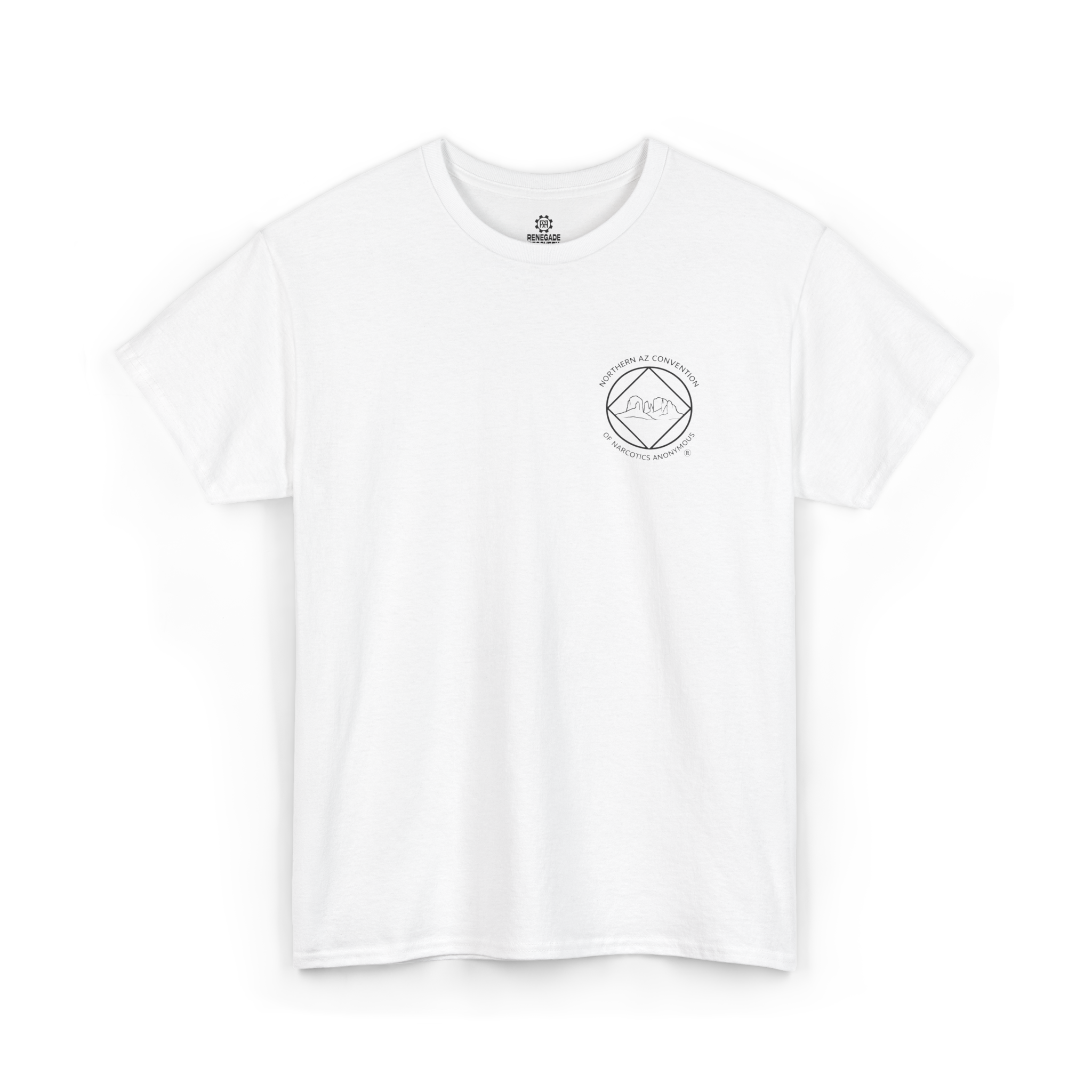 A white t-shirt with the Northern Arizona Convention of Narcotics Anonymous (NACONA) 5 logo on the front