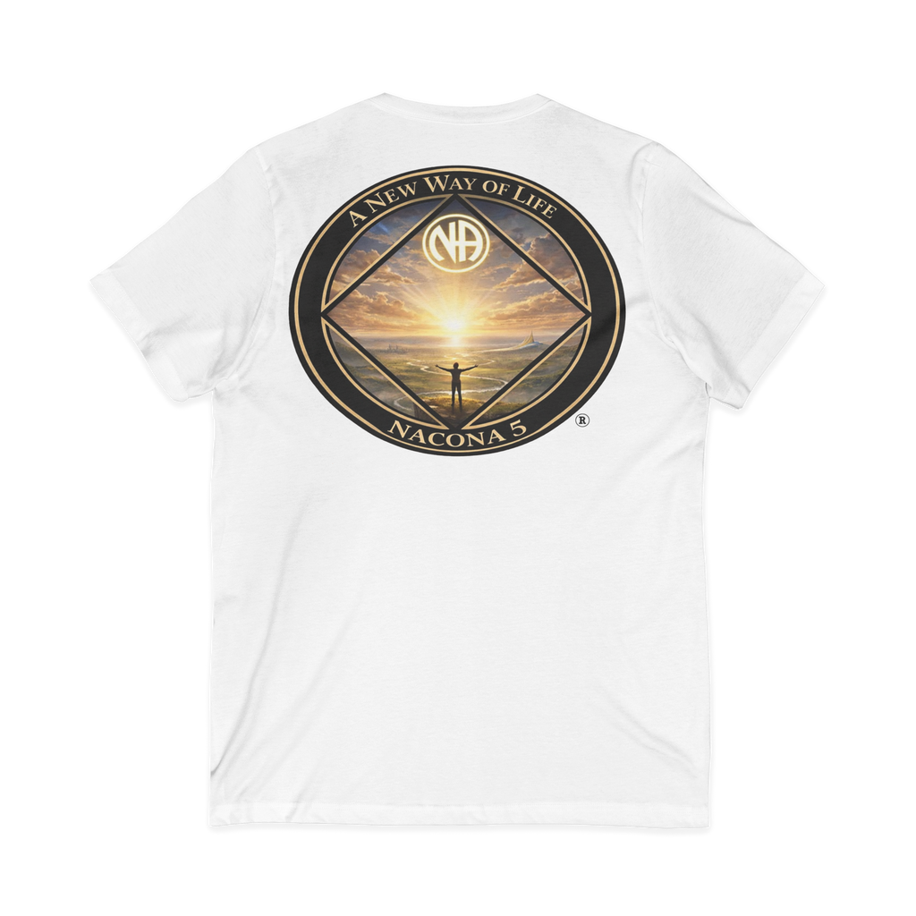 A  white unisex womens v-neck shirt with the Northern Arizona Convention of Narcotics Anonymous (NACONA) 5 logo on the back