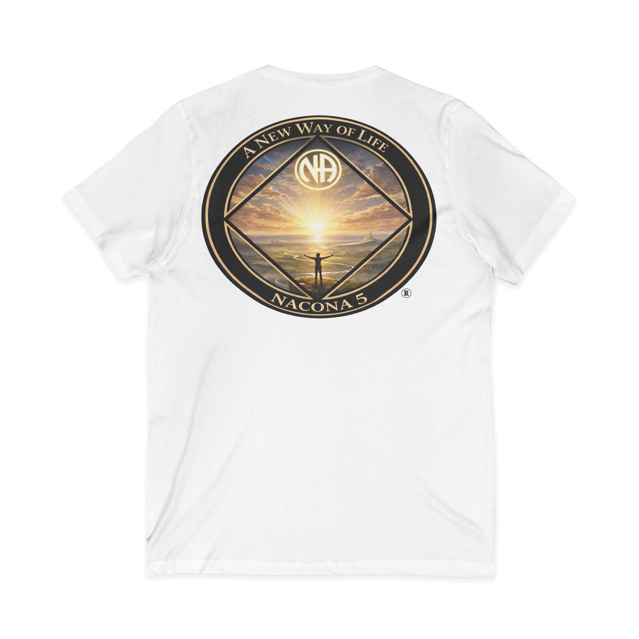A  white unisex womens v-neck shirt with the Northern Arizona Convention of Narcotics Anonymous (NACONA) 5 logo on the back