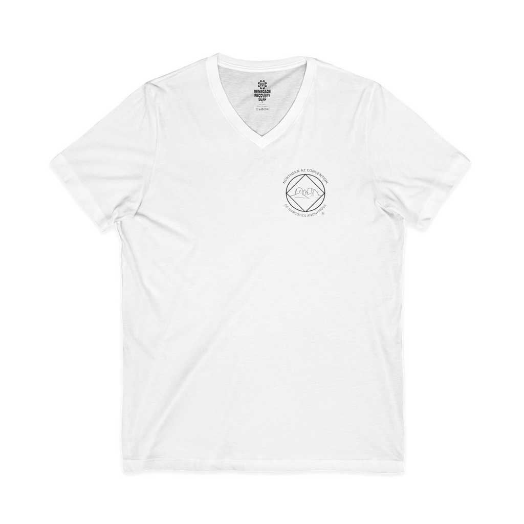 A white unisex womens v-neck shirt with the Northern Arizona Convention of Narcotics Anonymous (NACONA) 5 logo on the front 