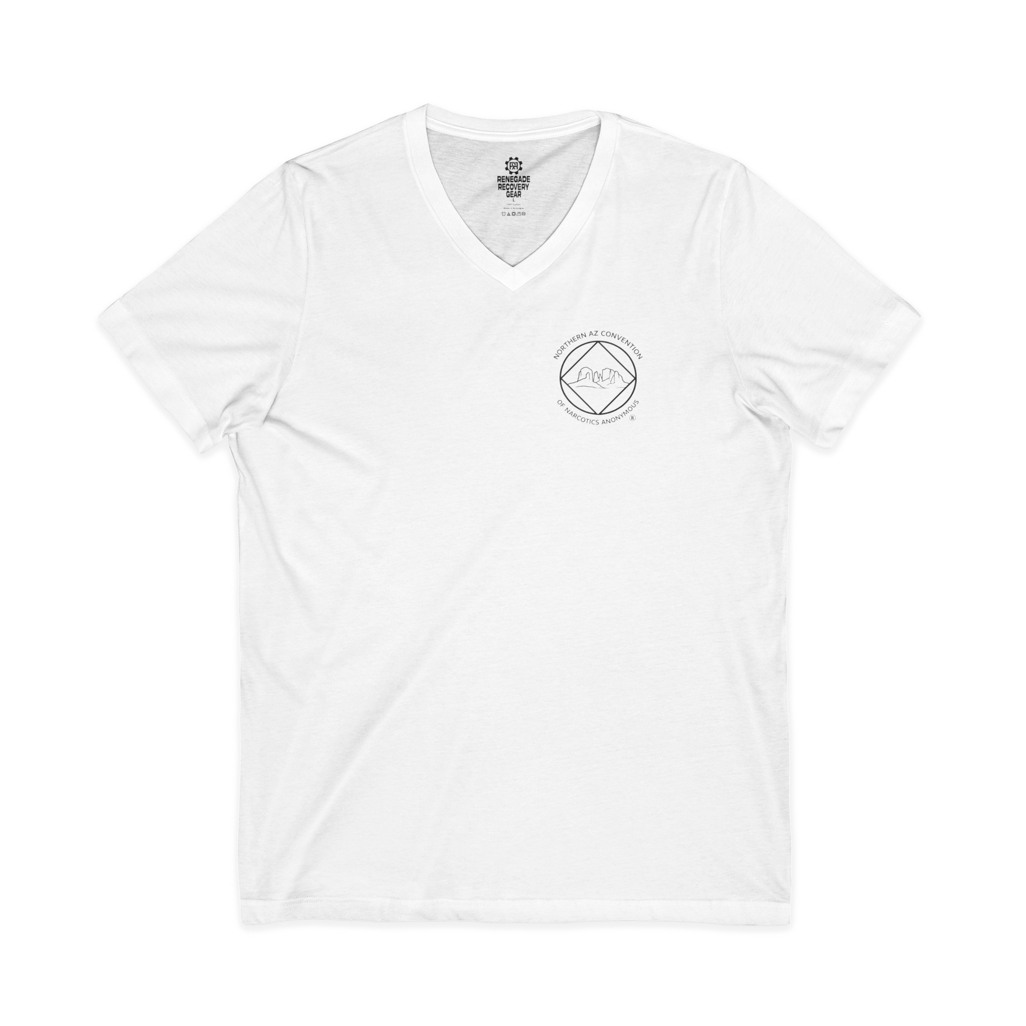 A white unisex womens v-neck shirt with the Northern Arizona Convention of Narcotics Anonymous (NACONA) 5 logo on the front 