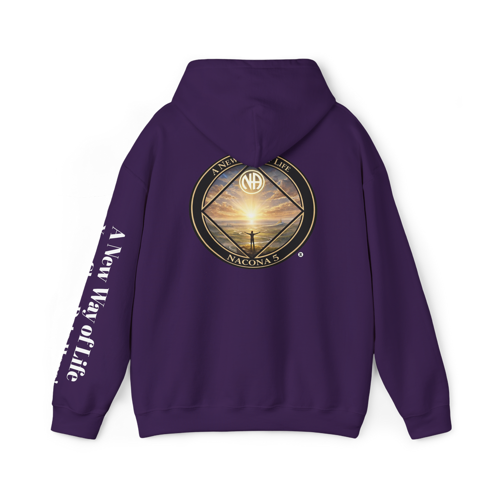 A purple hoodie with the Northern Arizona Convention of Narcotics Anonymous (NACONA) 5 logo on the back and 'A New Way of Life' with customers personal clean date on the left sleeve 