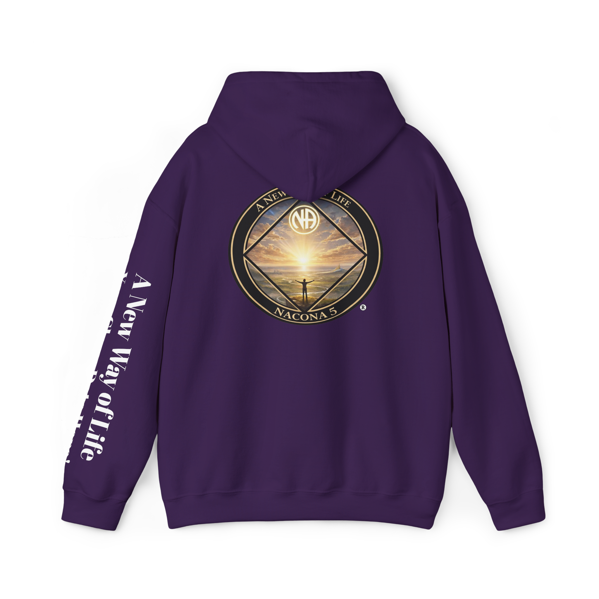 A purple hoodie with the Northern Arizona Convention of Narcotics Anonymous (NACONA) 5 logo on the back and 'A New Way of Life' with customers personal clean date on the left sleeve 