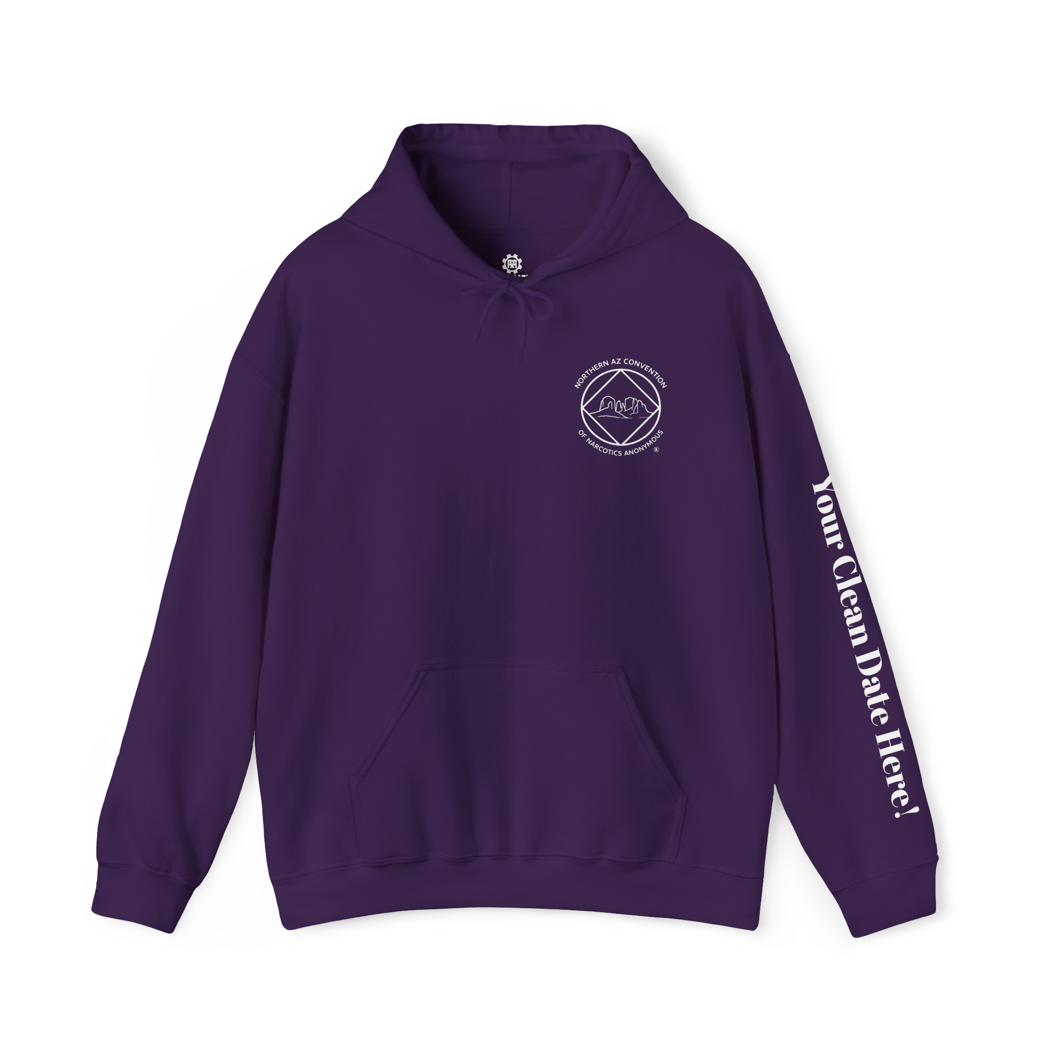 A purple hoodie with the Northern Arizona Convention of Narcotics Anonymous (NACONA) 5 logo on the front and 'A New Way of Life' with customers personal clean date on the left sleeve 