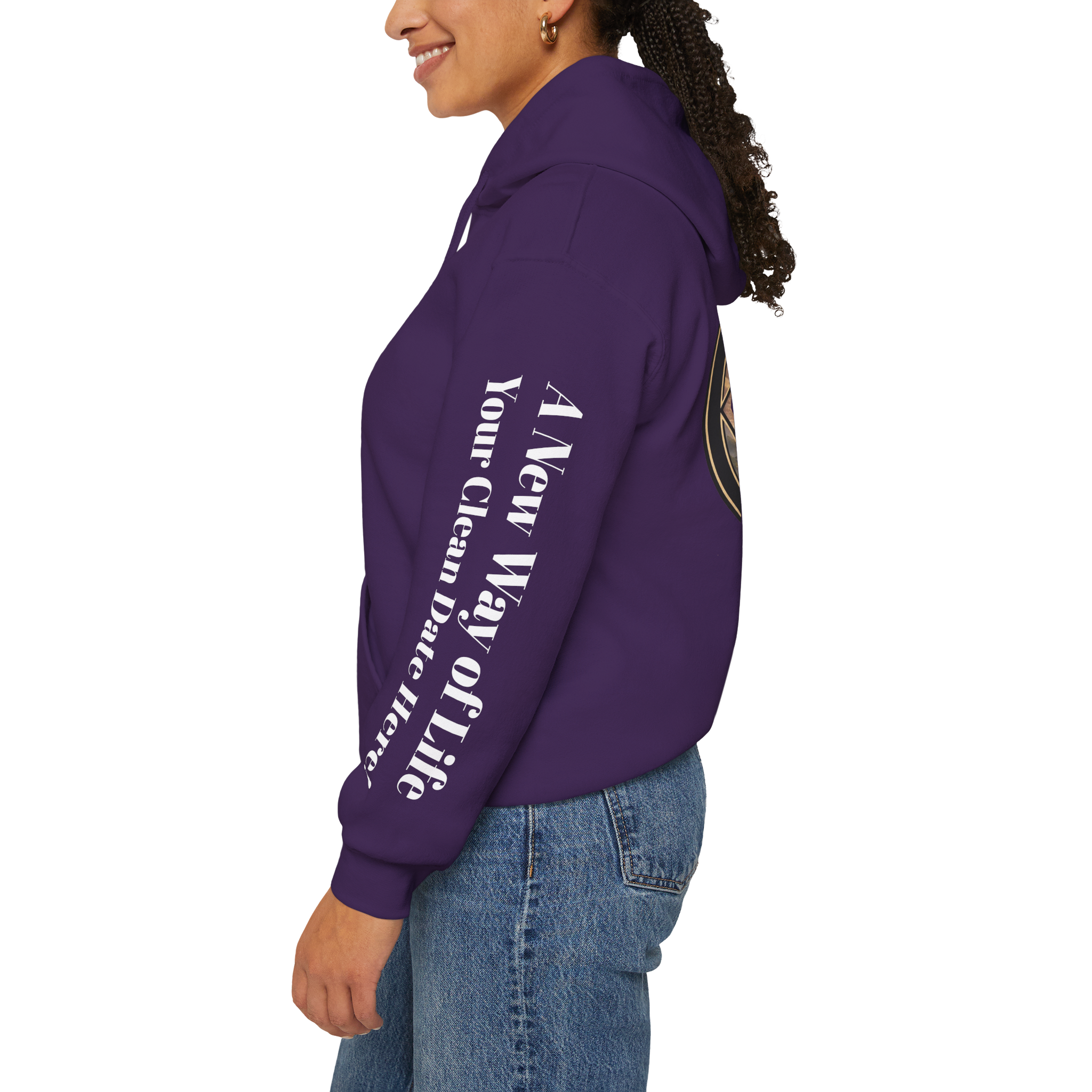 A purple hoodie with the Northern Arizona Convention of Narcotics Anonymous (NACONA) 5 logo on the front and back and 'A New Way of Life' with customers personal clean date on the left sleeve 