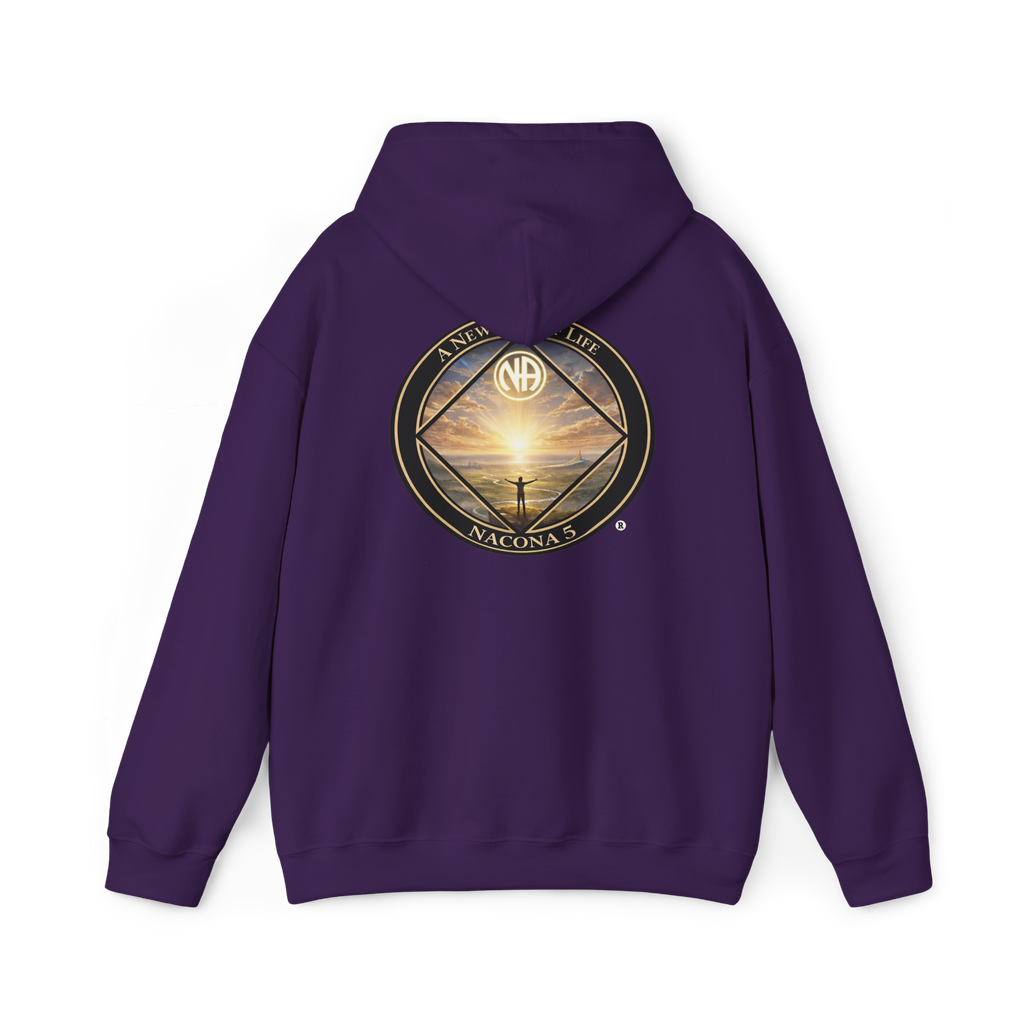 A purple hoodie with the Northern Arizona Convention of Narcotics Anonymous (NACONA) 5 logo on the back