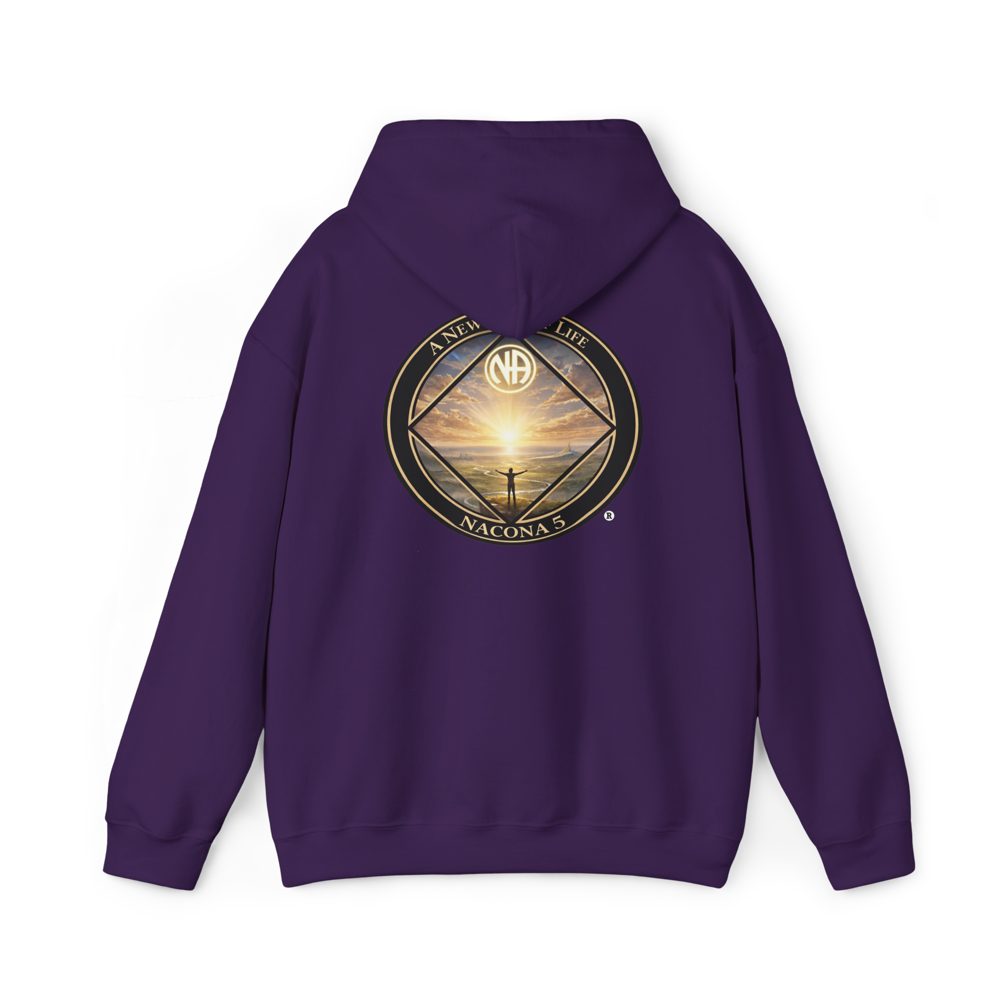 A purple hoodie with the Northern Arizona Convention of Narcotics Anonymous (NACONA) 5 logo on the back