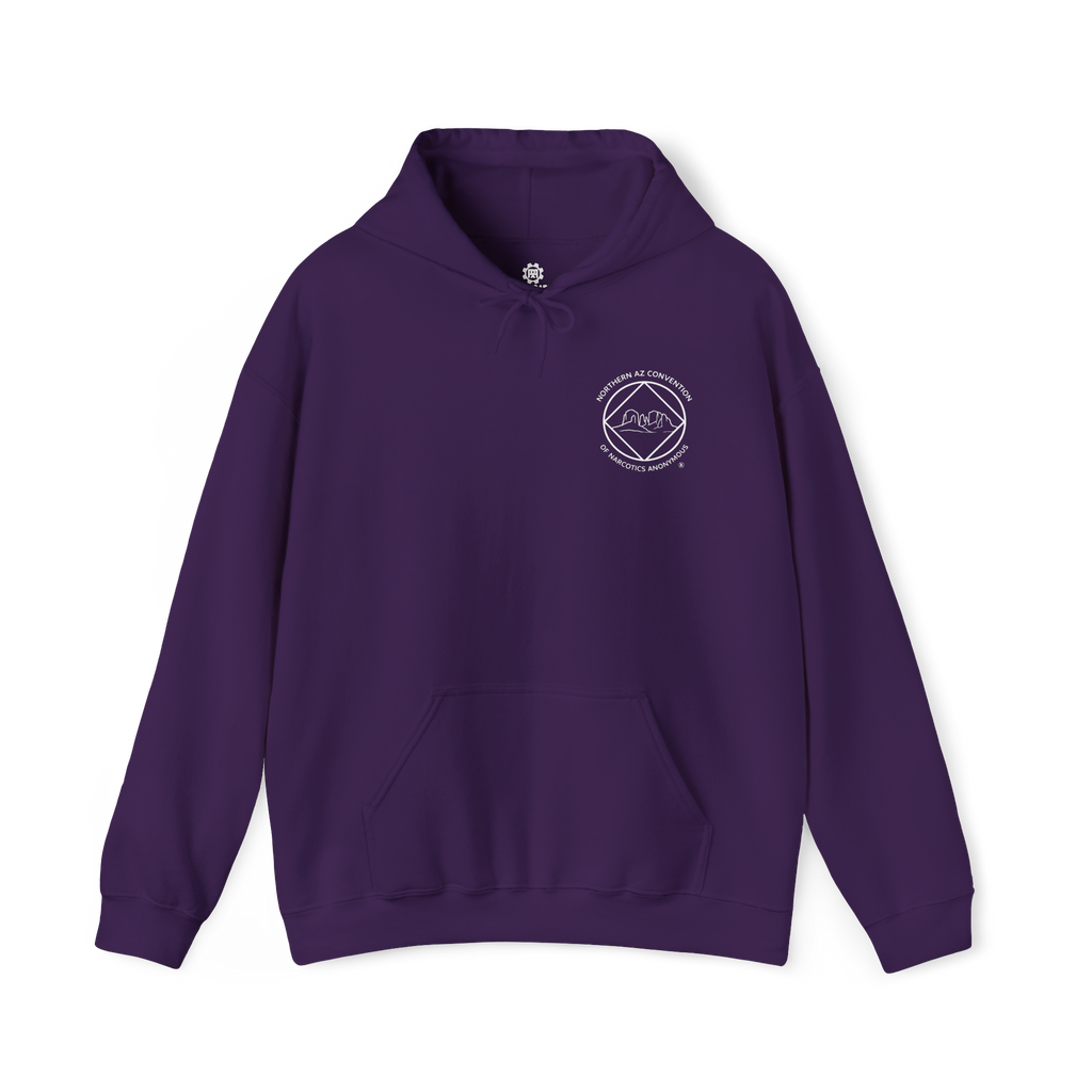 A purple hoodie with the Northern Arizona Convention of Narcotics Anonymous (NACONA) 5 logo on the front 