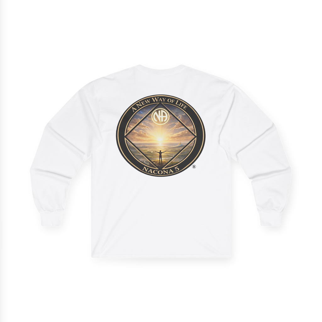White long sleeve shirt with the Northern Arizona Convention of Narcotics Anonymous (NACONA) 5 logo on the front left