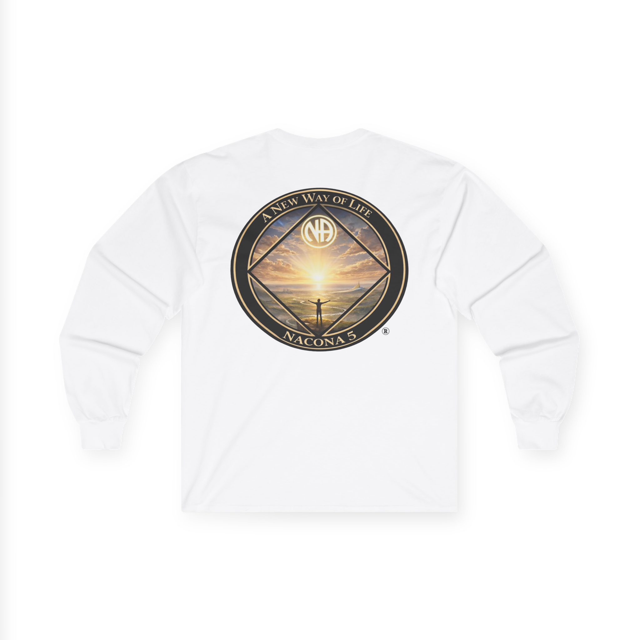 White long sleeve shirt with the Northern Arizona Convention of Narcotics Anonymous (NACONA) 5 logo on the front left
