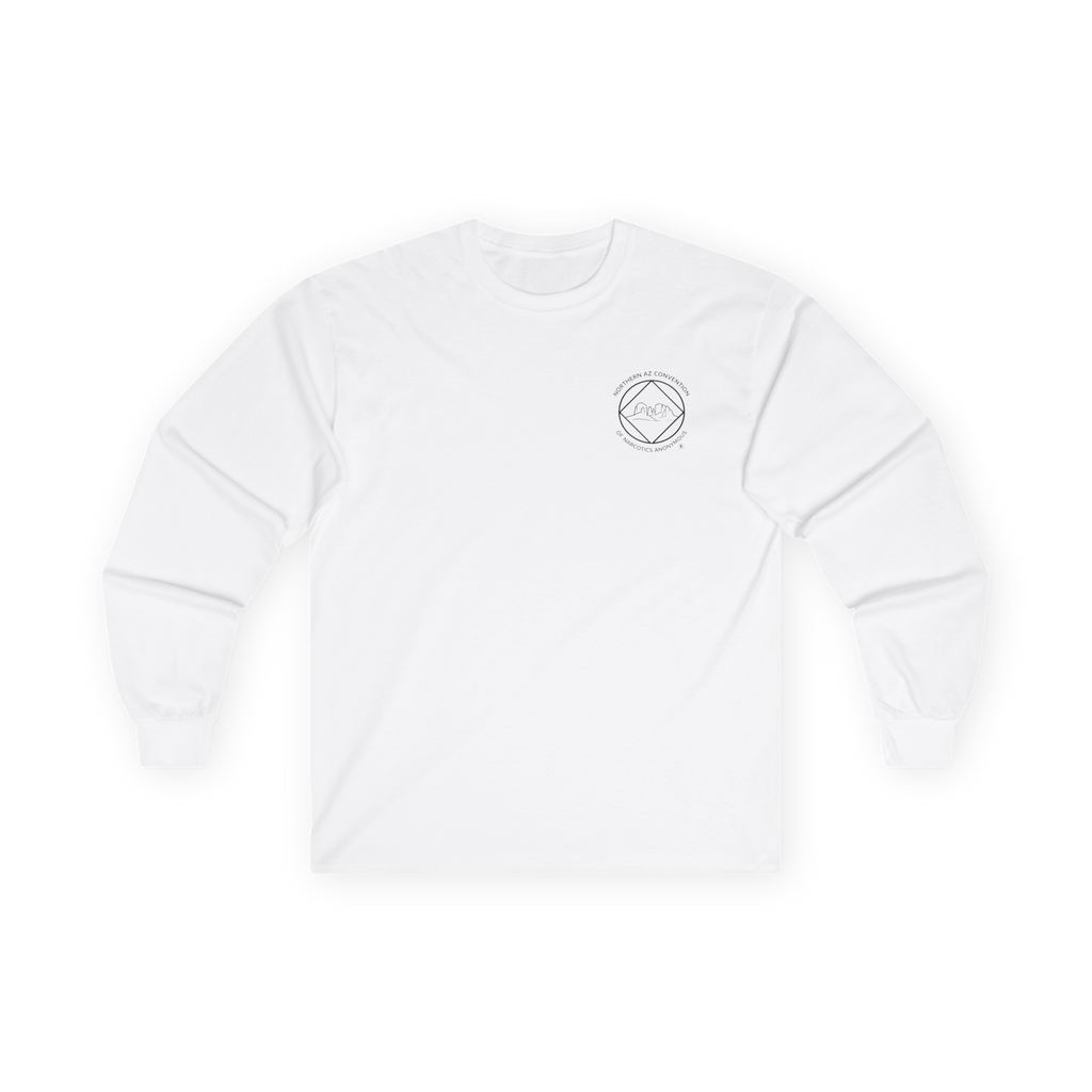White long sleeve shirt with the Northern Arizona Convention of Narcotics Anonymous (NACONA) 5 logo on the front left