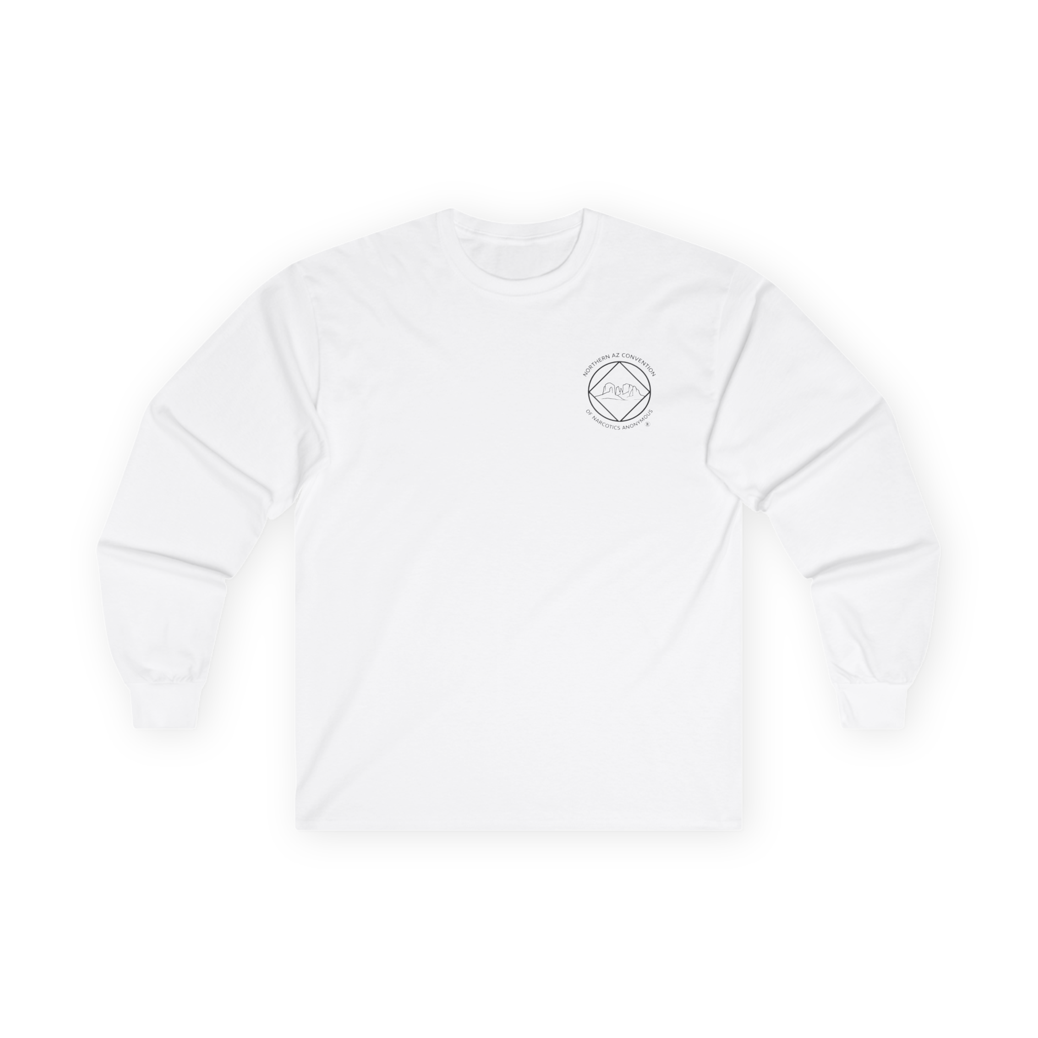 White long sleeve shirt with the Northern Arizona Convention of Narcotics Anonymous (NACONA) 5 logo on the front left