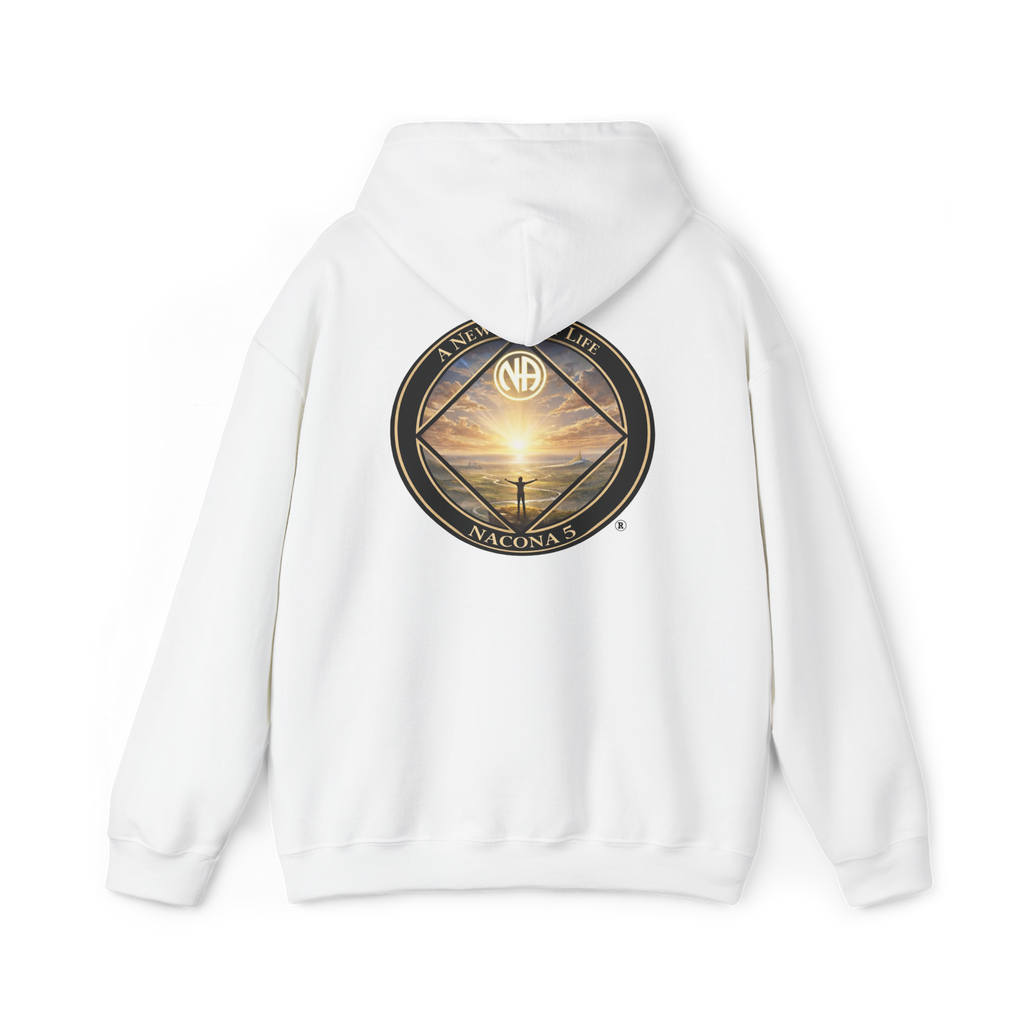 White pull over hoodie with the Northern Arizona Convention of Narcotics Anonymous (NACONA) 5 logo on the back