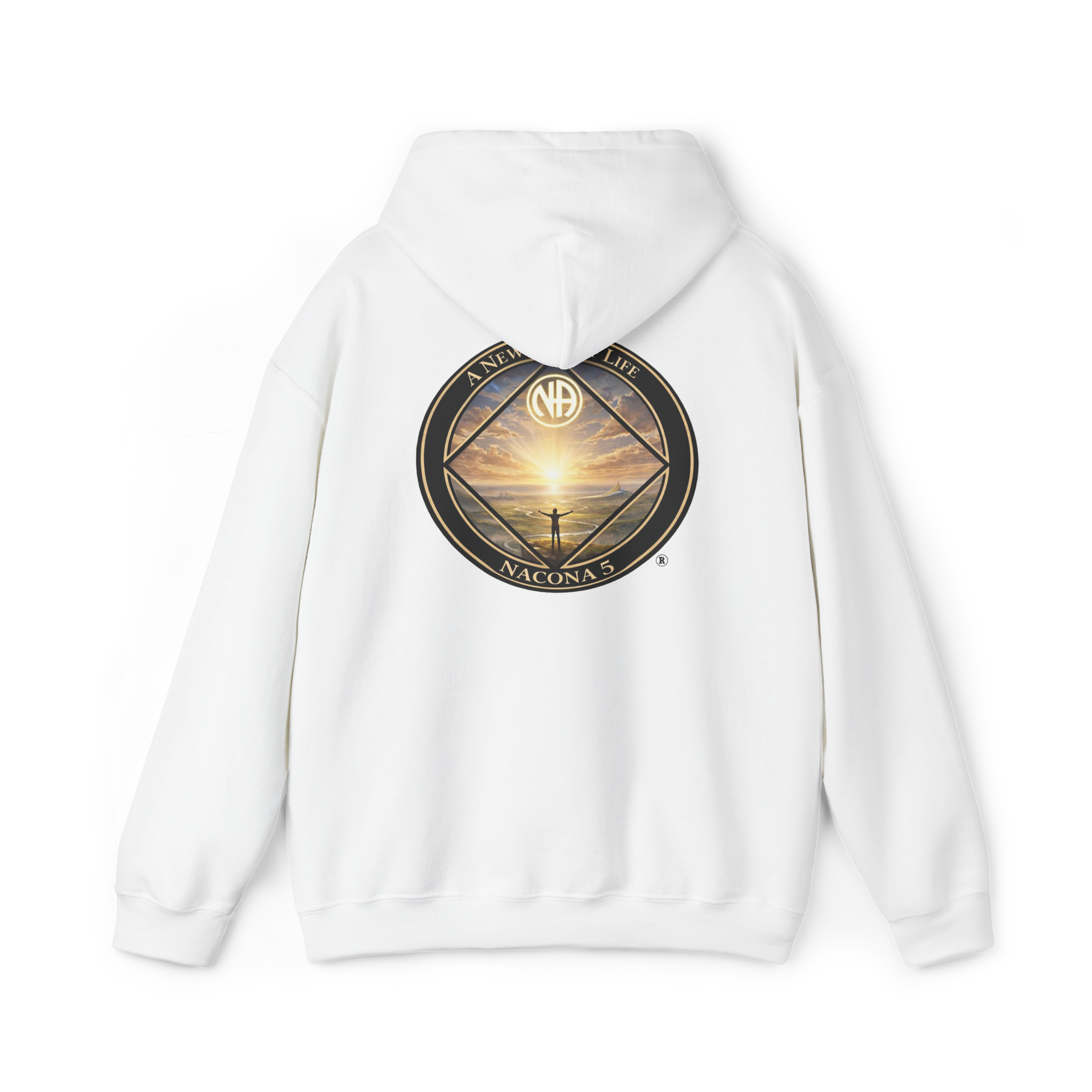 White pull over hoodie with the Northern Arizona Convention of Narcotics Anonymous (NACONA) 5 logo on the back
