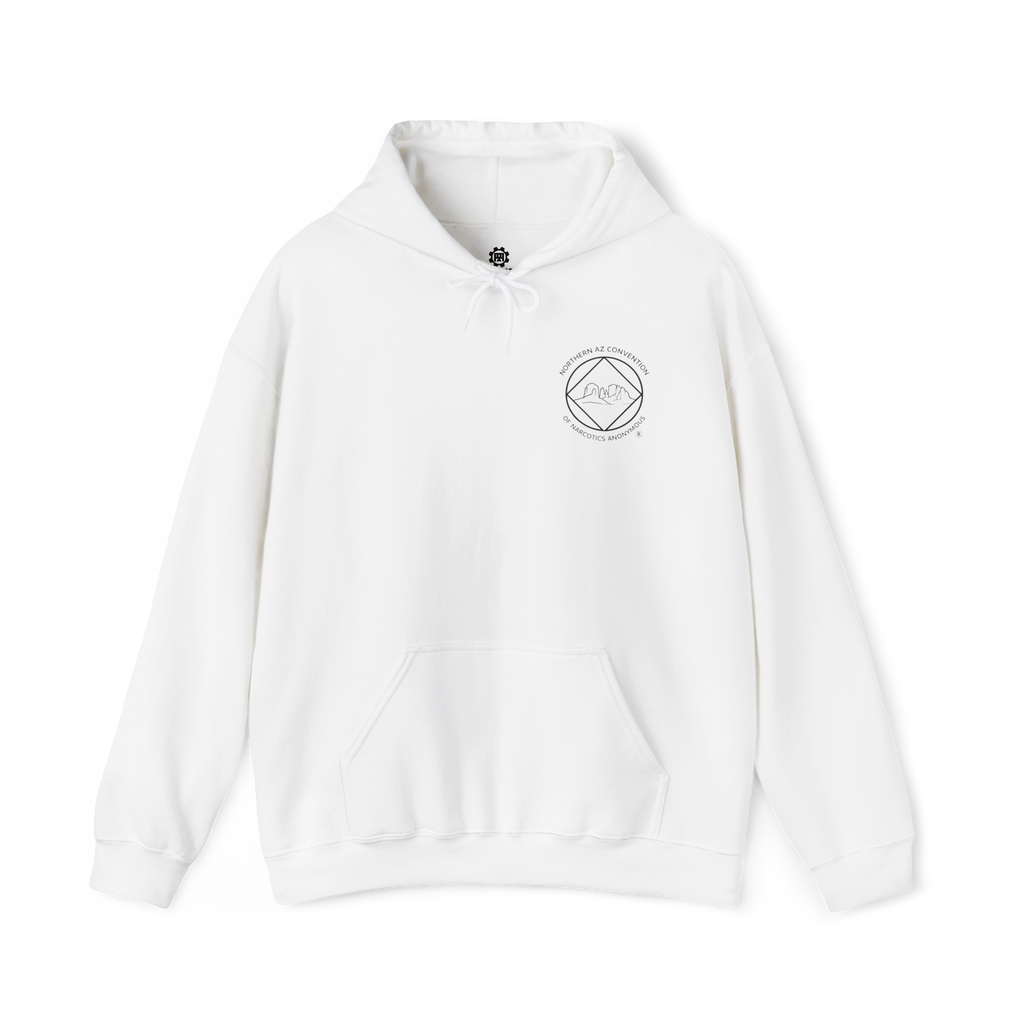 White pull over hoodie with the Northern Arizona Convention of Narcotics Anonymous (NACONA) 5 logo on the front left