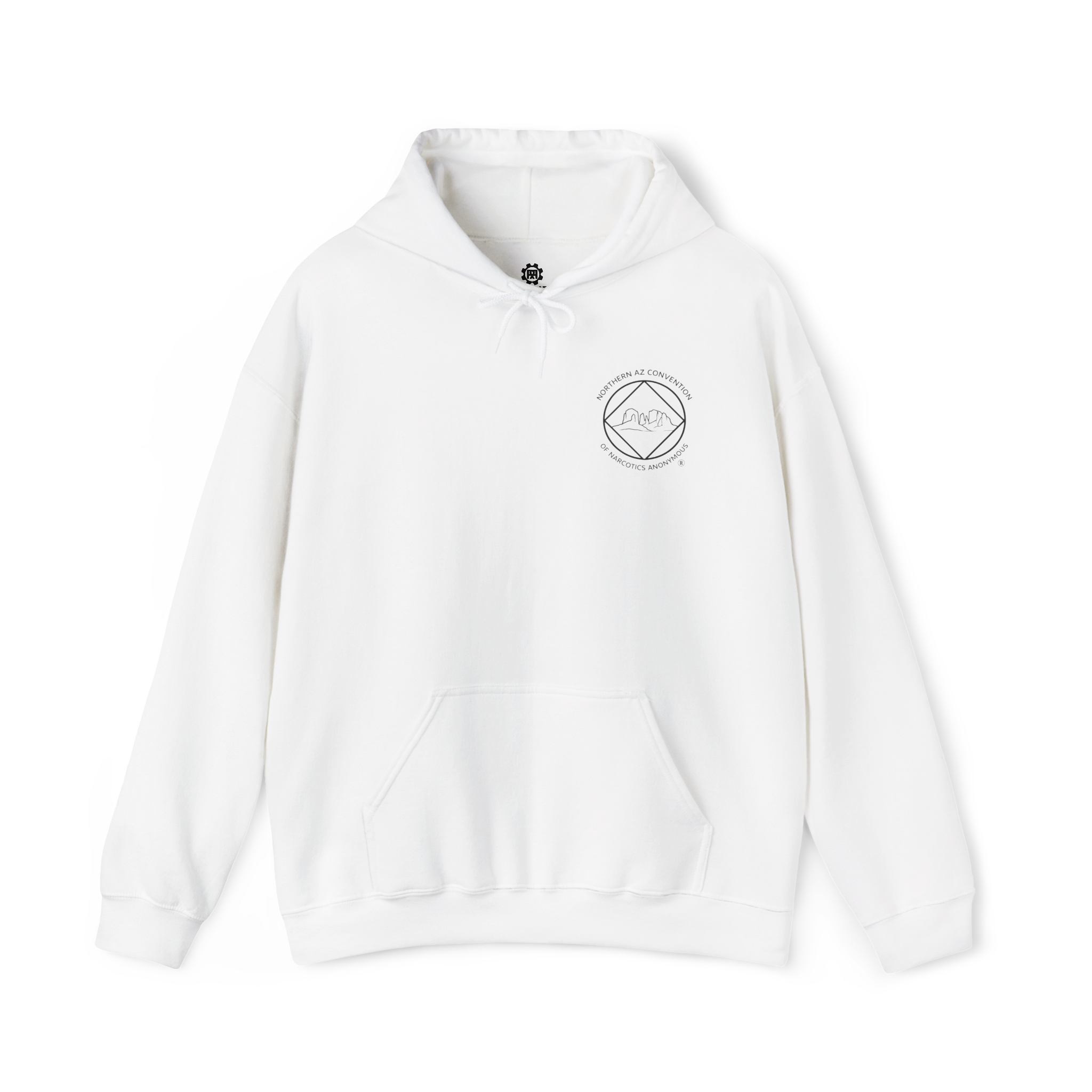 White pull over hoodie with the Northern Arizona Convention of Narcotics Anonymous (NACONA) 5 logo on the front left