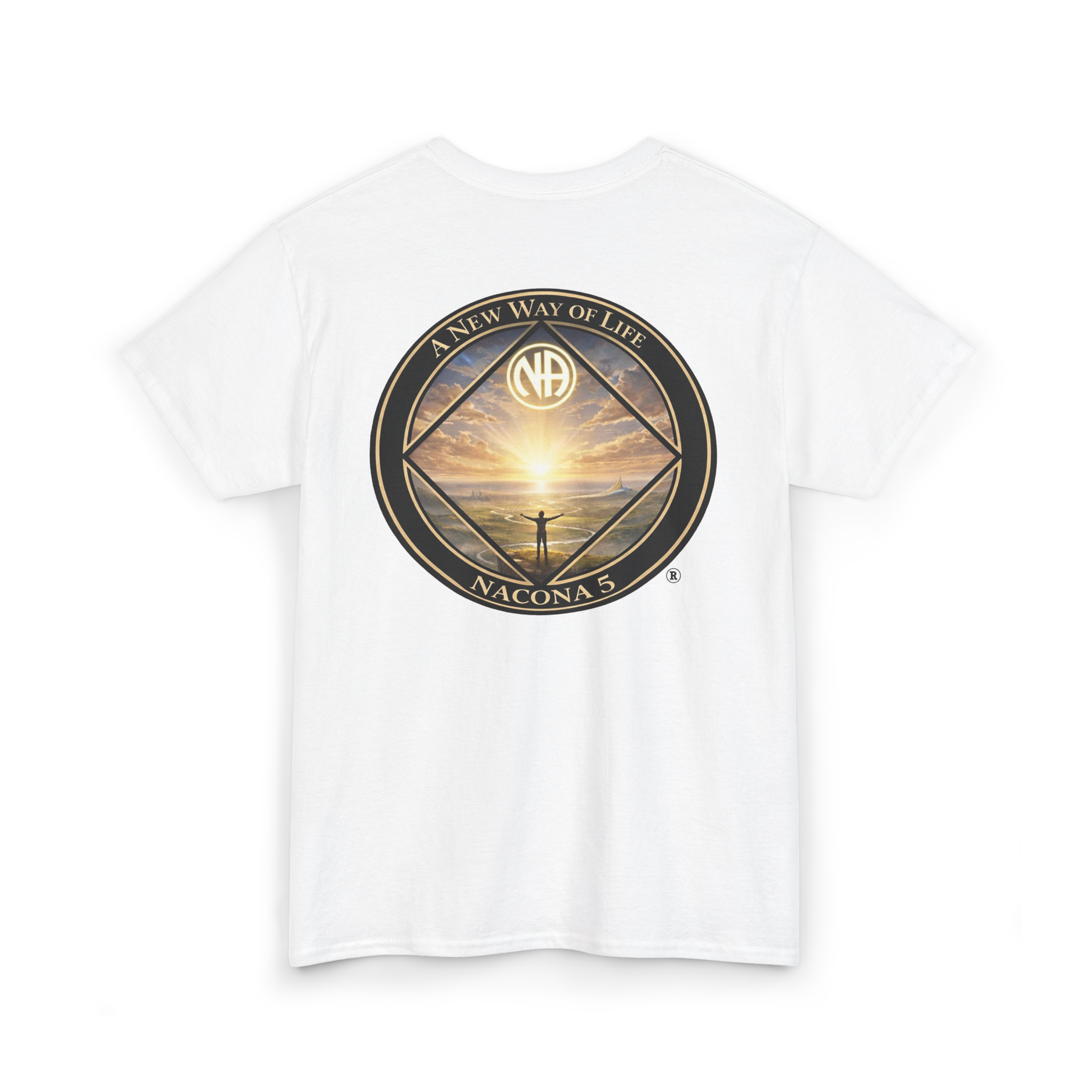 White t-shirt with the Northern Arizona Convention of Narcotics Anonymous (NACONA) 5 logo on the back