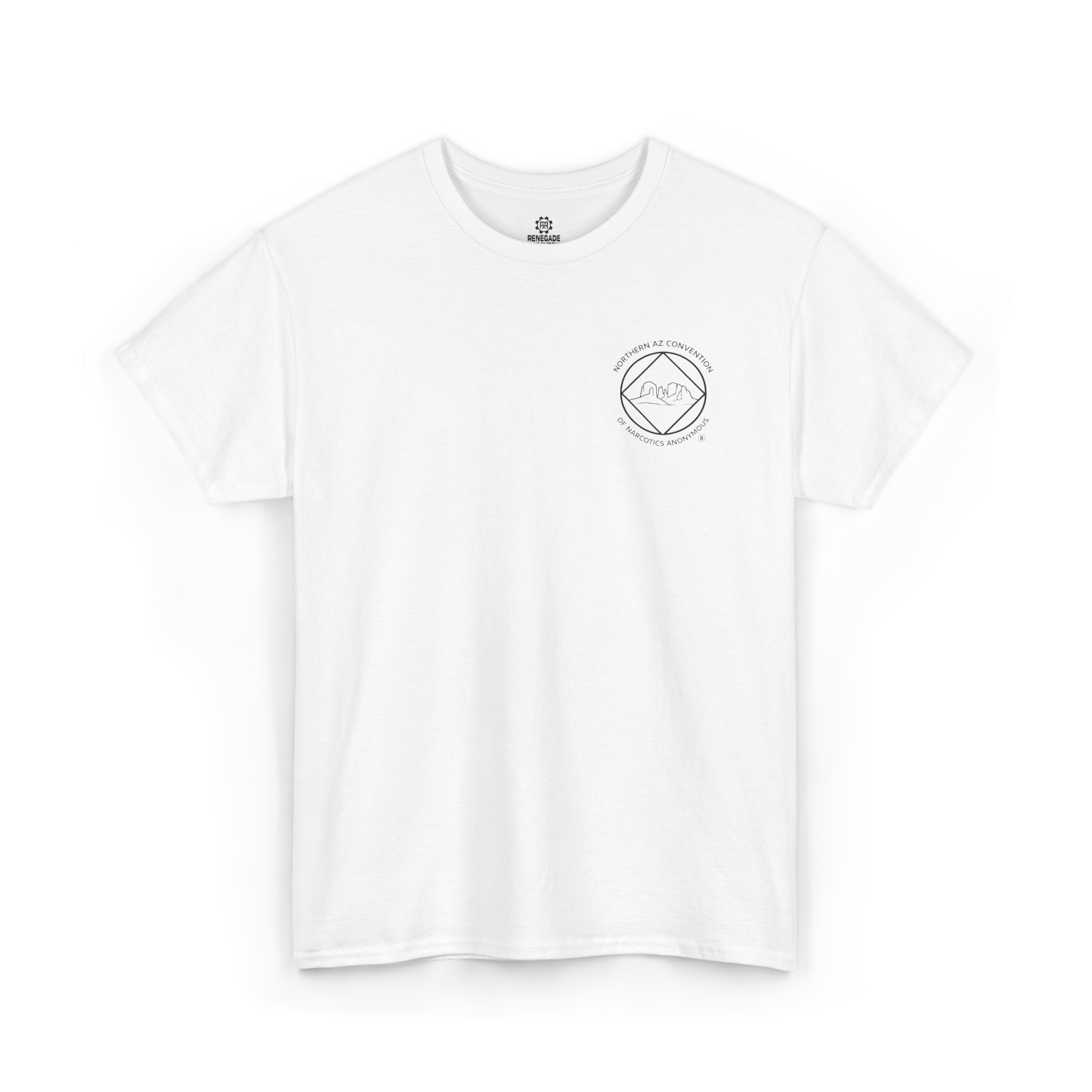White t-shirt with the Northern Arizona Convention of Narcotics Anonymous (NACONA) 5 logo on the front left